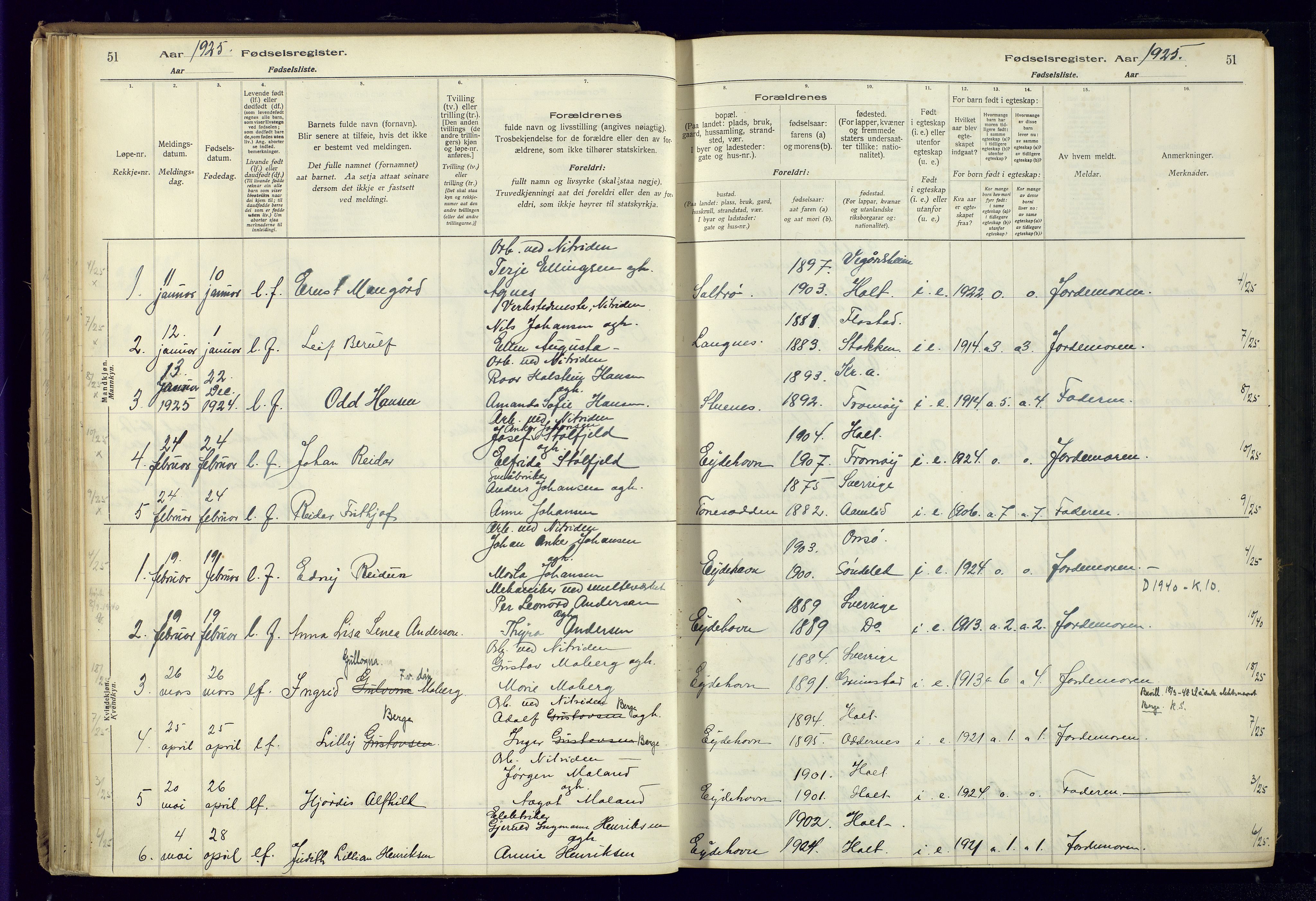 Austre Moland sokneprestkontor, SAK/1111-0001/J/Ja/L0003: Birth register no. A-VI-27, 1916-1950, p. 51