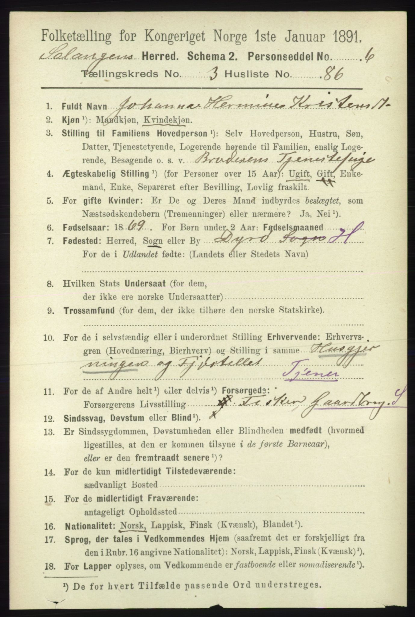 RA, 1891 census for 1921 Salangen, 1891, p. 1718