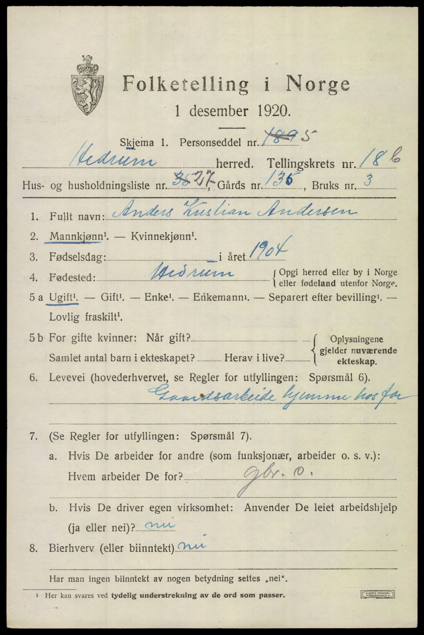 SAKO, 1920 census for Hedrum, 1920, p. 11309