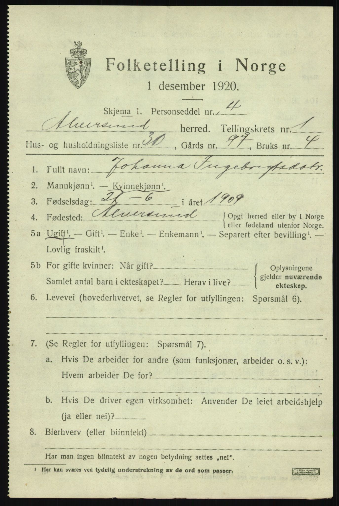 SAB, 1920 census for Alversund, 1920, p. 1536