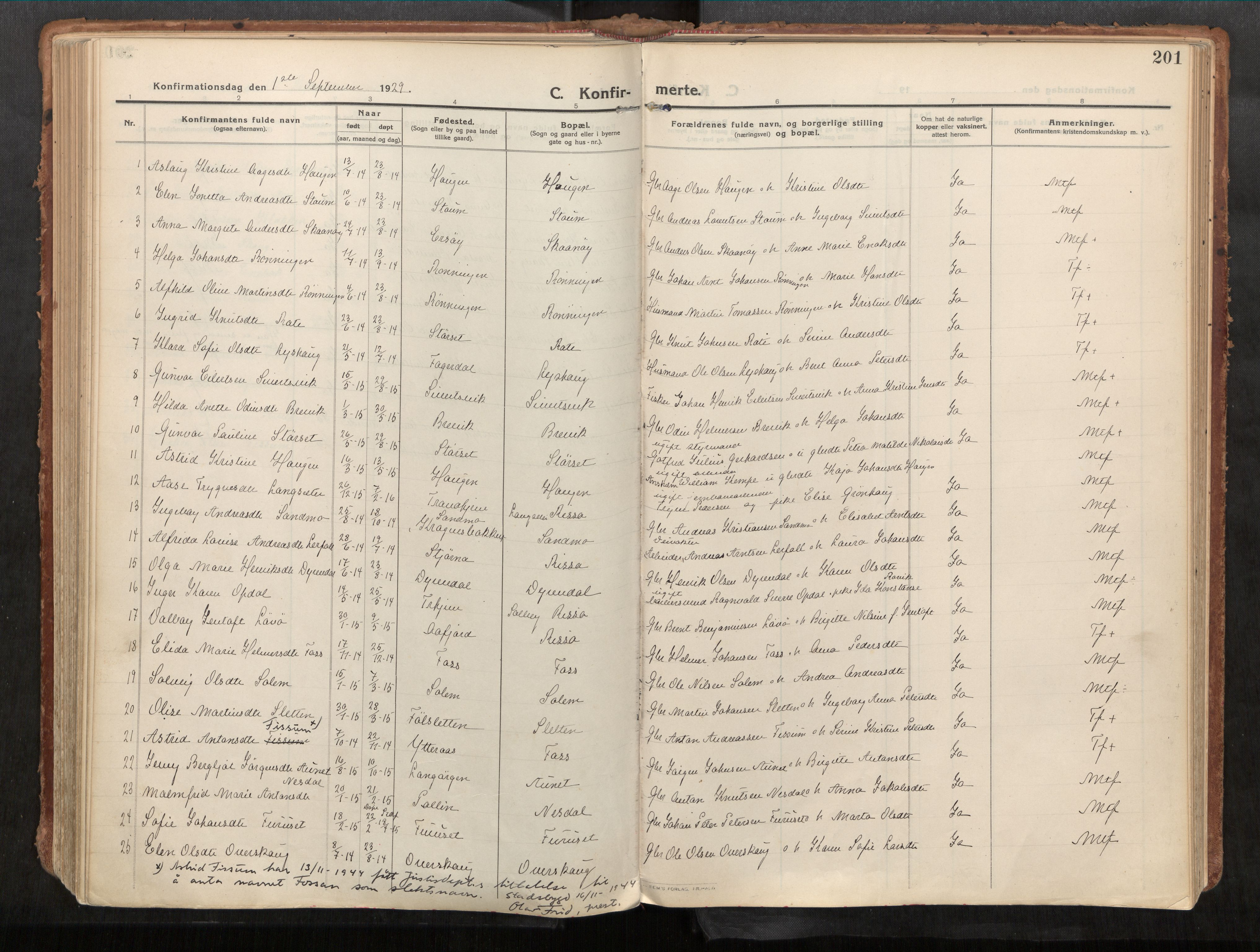 Stadsbygd sokneprestkontor, AV/SAT-A-1117/1/I/I1/I1a/L0001: Parish register (official) no. 1, 1911-1929, p. 201