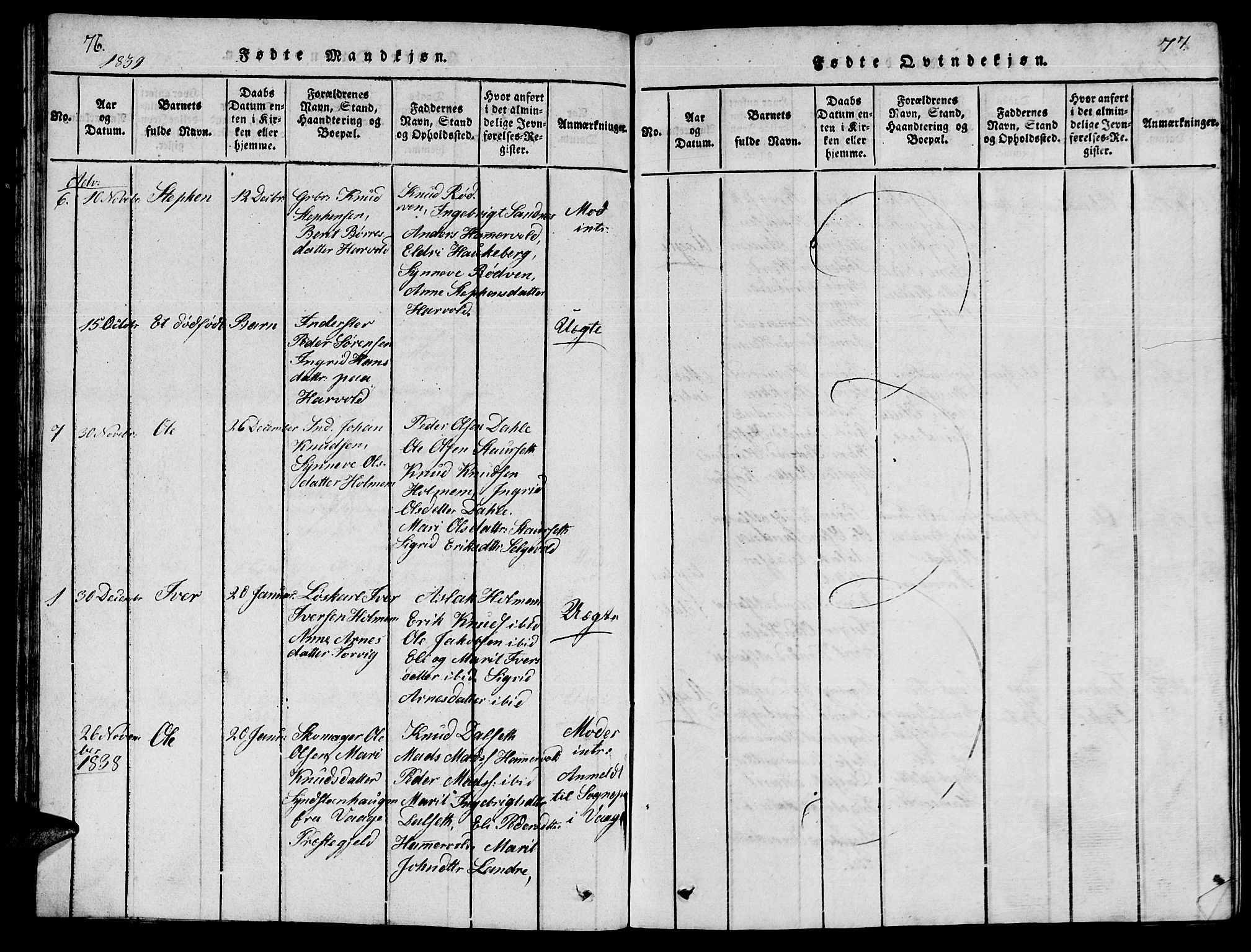 Ministerialprotokoller, klokkerbøker og fødselsregistre - Møre og Romsdal, AV/SAT-A-1454/548/L0613: Parish register (copy) no. 548C01, 1818-1846, p. 76-77