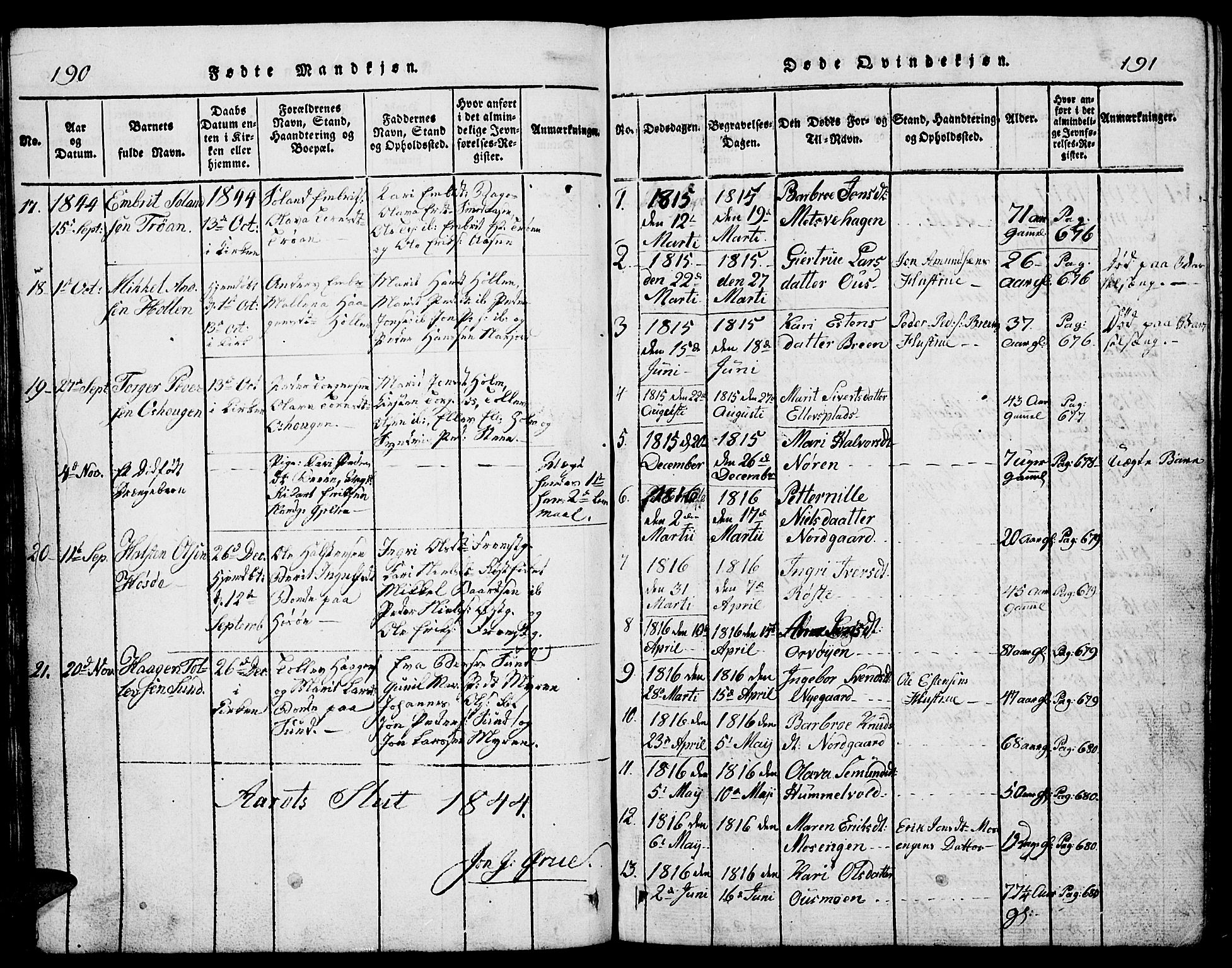 Tolga prestekontor, SAH/PREST-062/L/L0002: Parish register (copy) no. 2, 1815-1844, p. 190-191