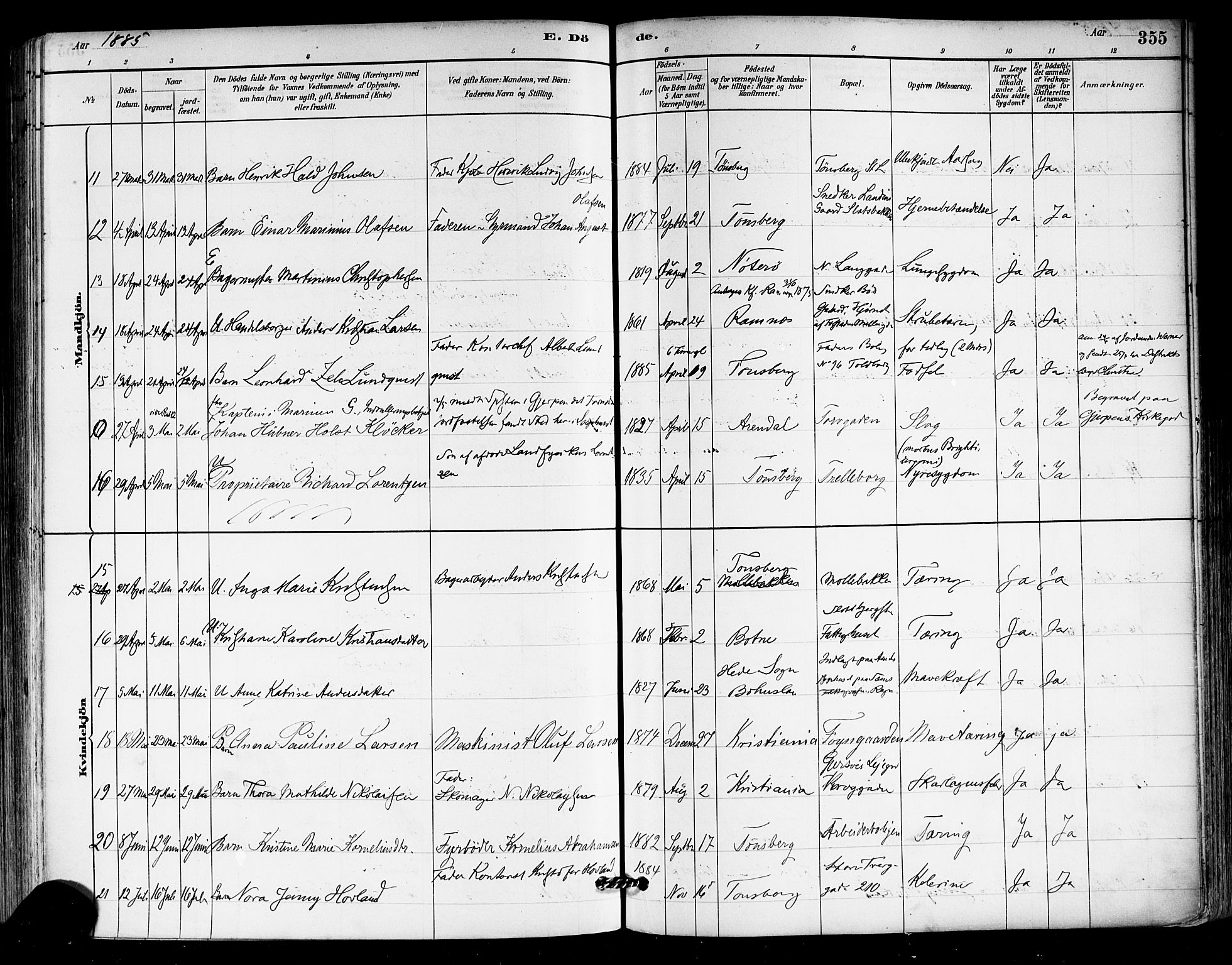 Tønsberg kirkebøker, SAKO/A-330/F/Fa/L0011: Parish register (official) no. I 11, 1881-1890, p. 355