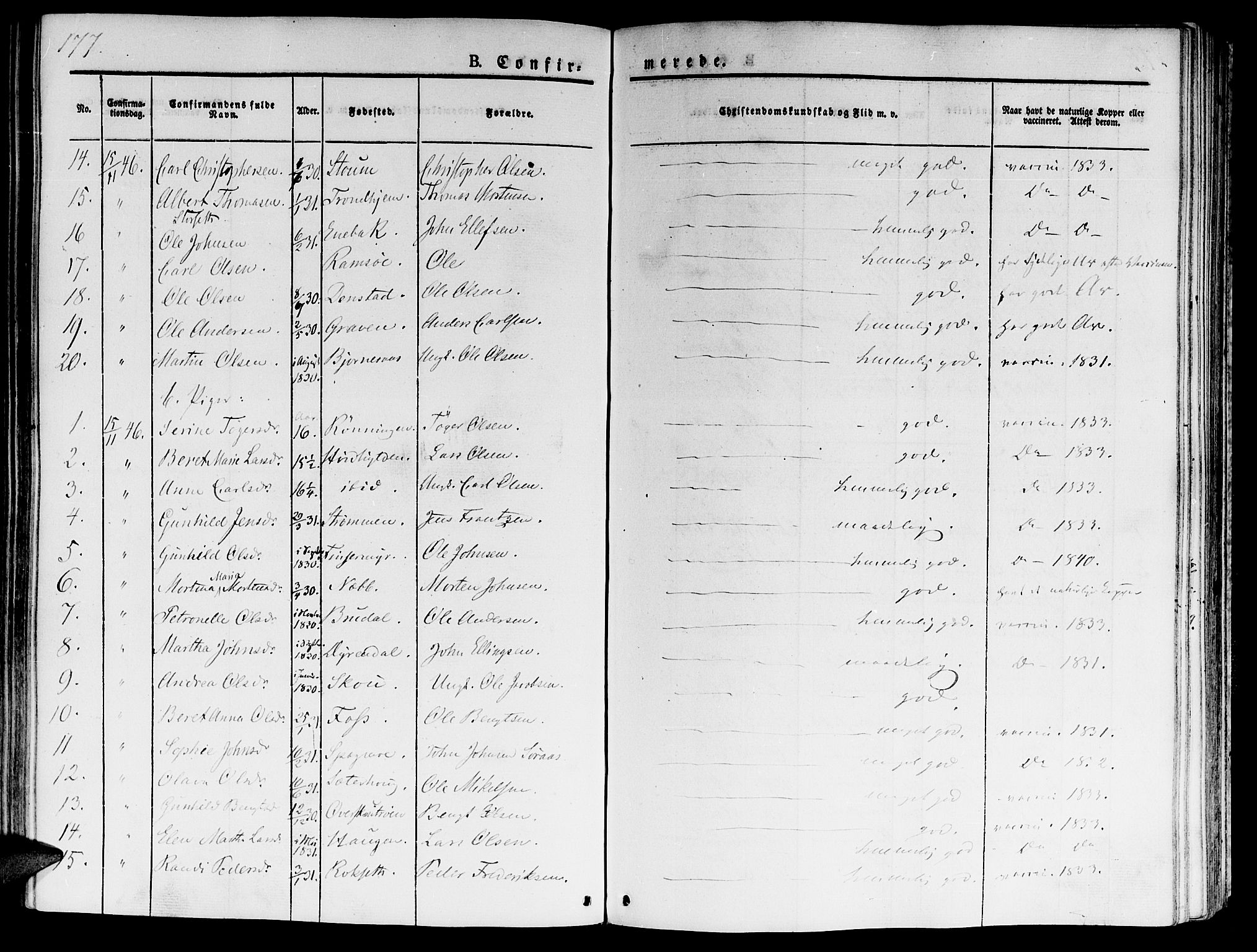 Ministerialprotokoller, klokkerbøker og fødselsregistre - Sør-Trøndelag, SAT/A-1456/646/L0610: Parish register (official) no. 646A08, 1837-1847, p. 177