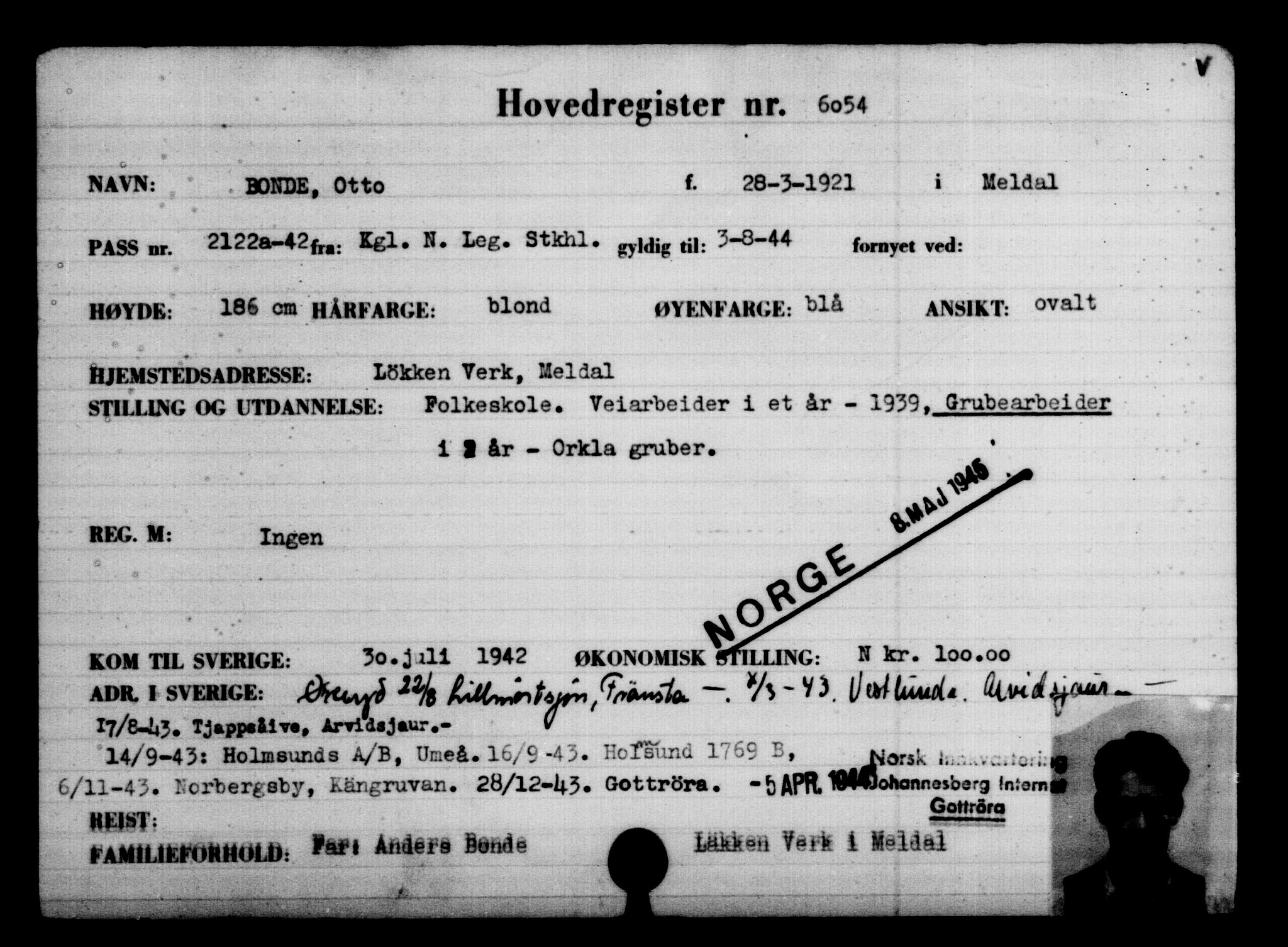 Utenriksstasjonene, Legasjonen i Stockholm, Flyktningkontoret, AV/RA-S-6753/V/Va/L0004: Kjesäterkartoteket, flyktninger med registreringsnr. 3496-6610, 1940-1945, p. 2996
