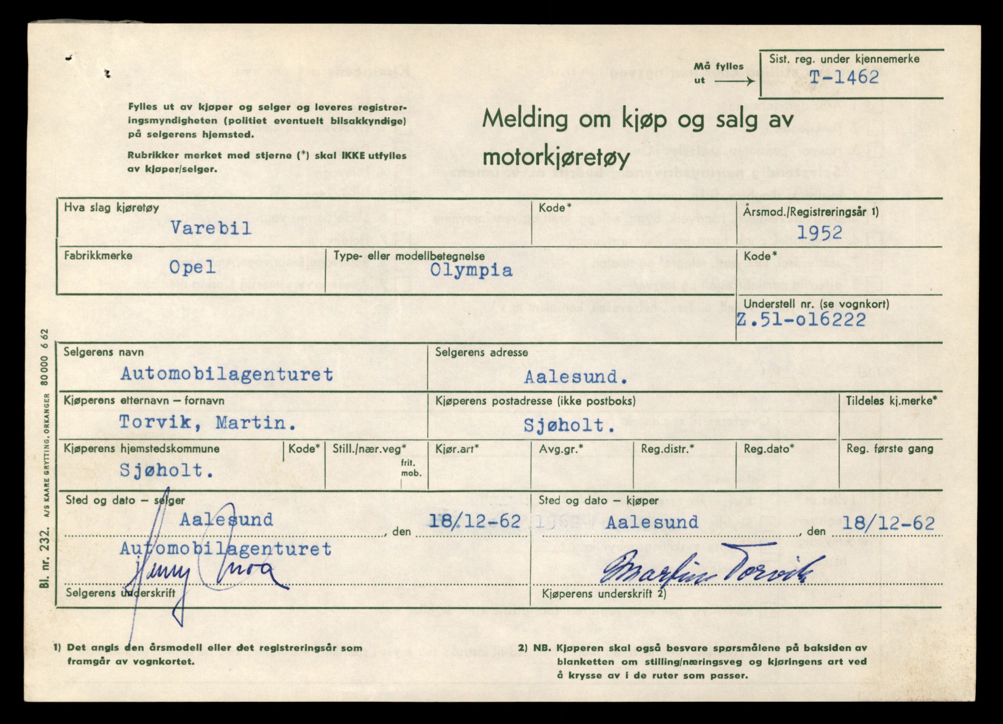 Møre og Romsdal vegkontor - Ålesund trafikkstasjon, SAT/A-4099/F/Fe/L0013: Registreringskort for kjøretøy T 1451 - T 1564, 1927-1998, p. 237