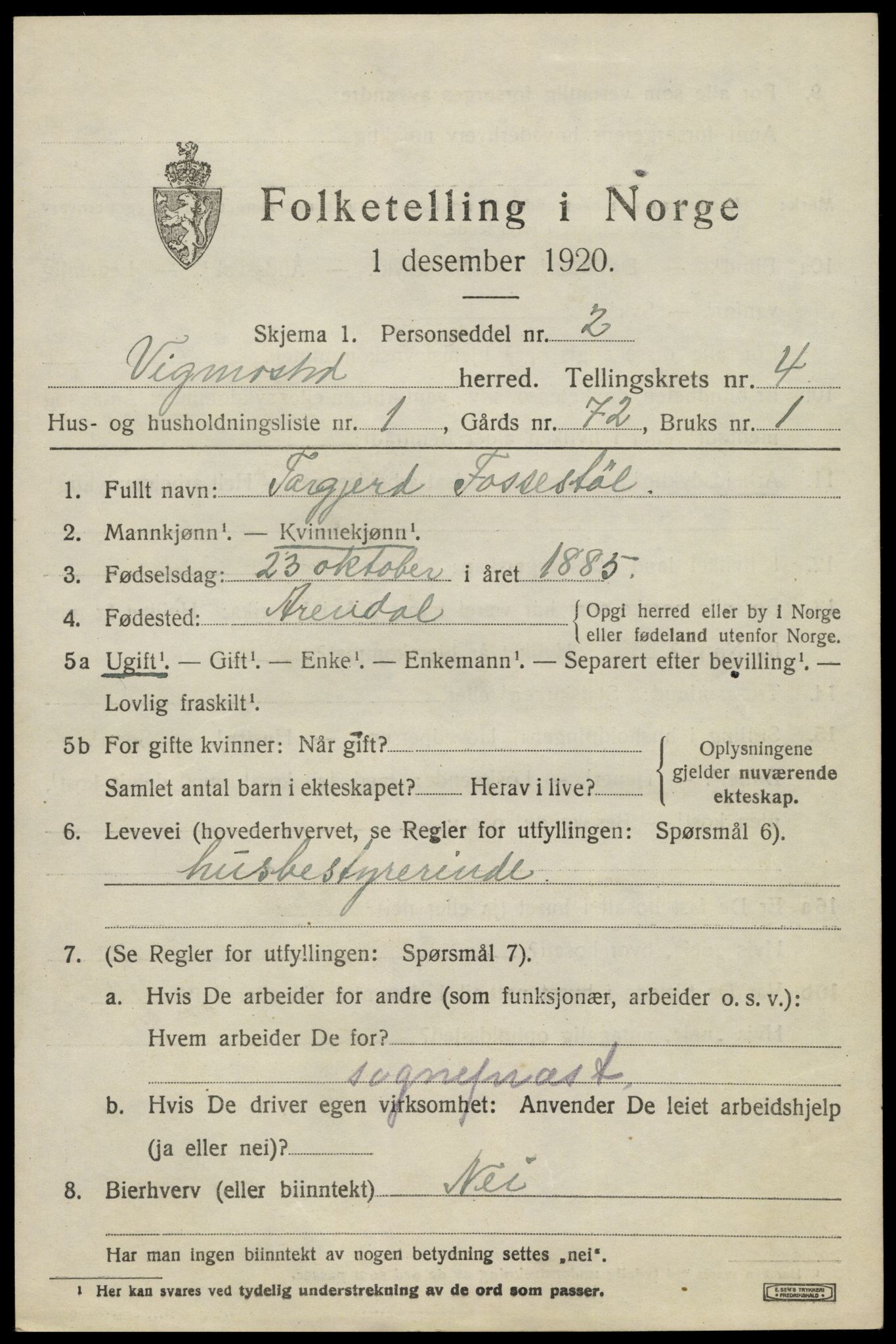 SAK, 1920 census for Vigmostad, 1920, p. 1175