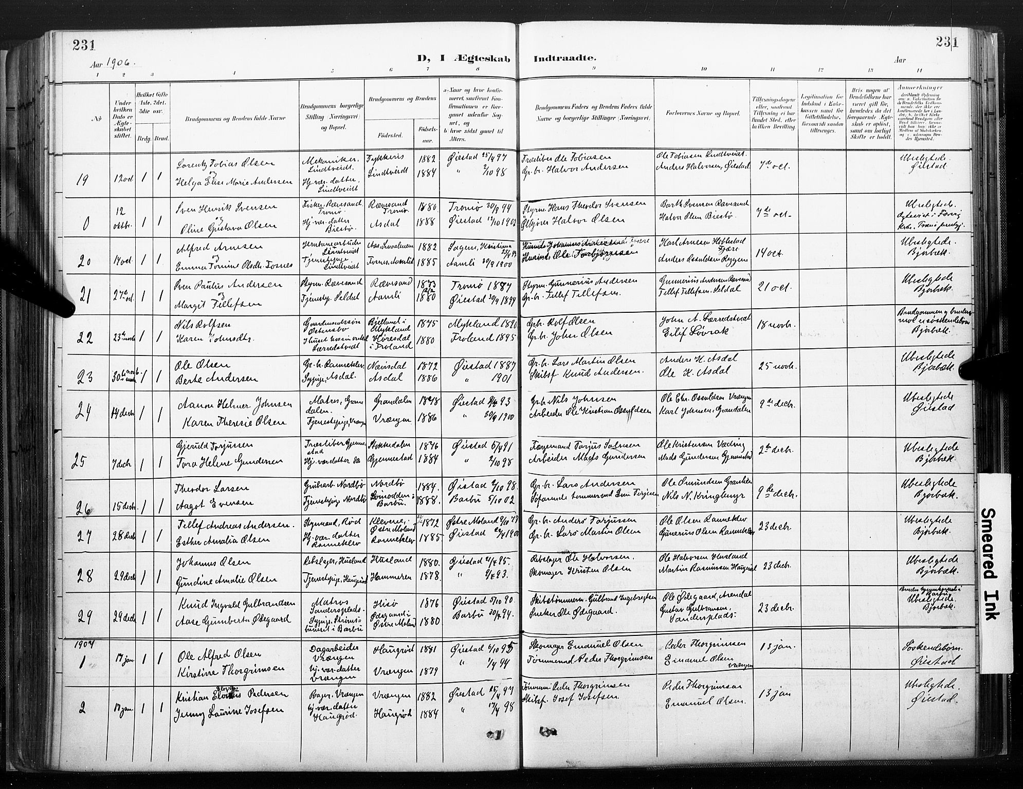 Øyestad sokneprestkontor, AV/SAK-1111-0049/F/Fa/L0018: Parish register (official) no. A 18, 1897-1907, p. 231