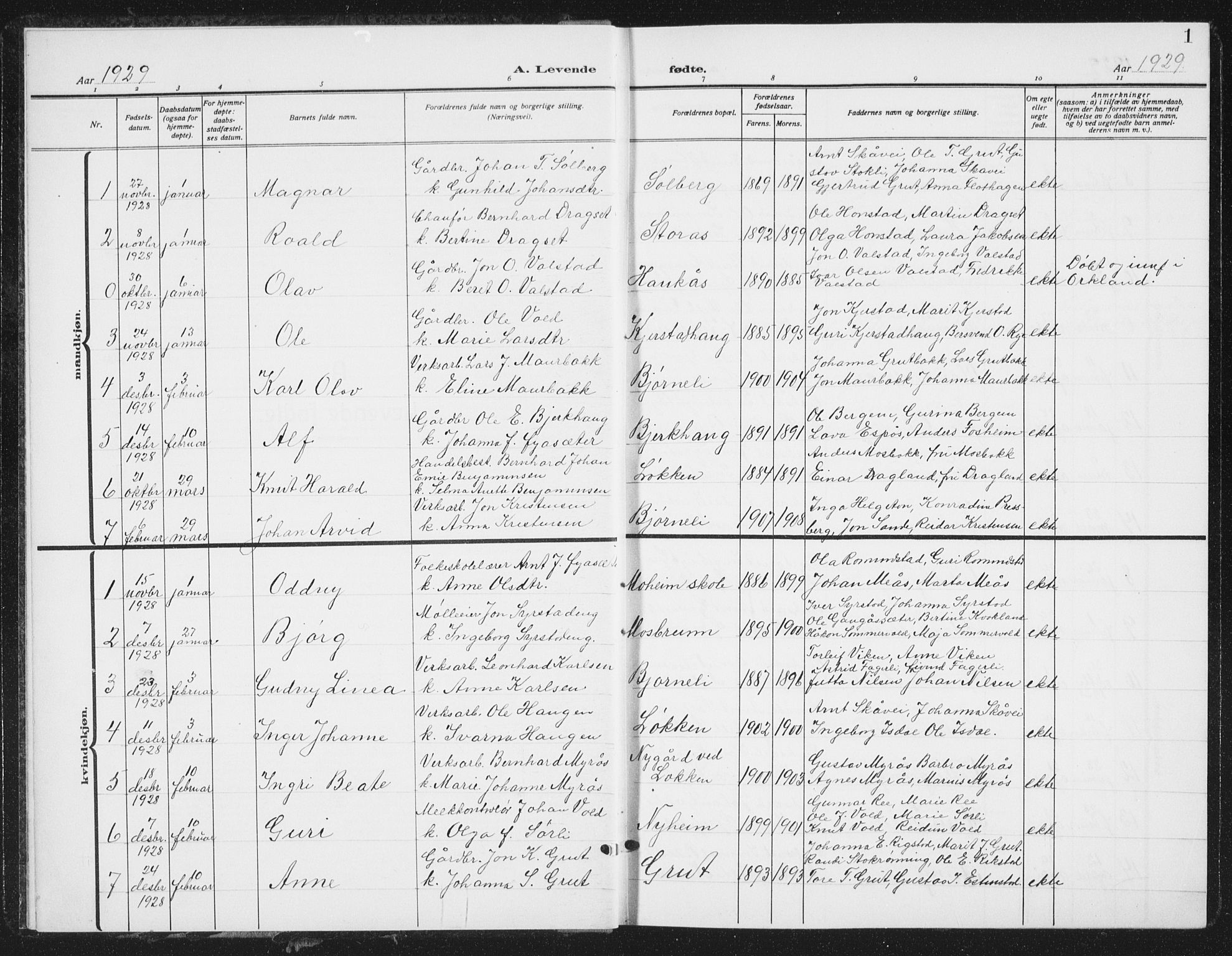 Ministerialprotokoller, klokkerbøker og fødselsregistre - Sør-Trøndelag, SAT/A-1456/672/L0866: Parish register (copy) no. 672C05, 1929-1939, p. 1
