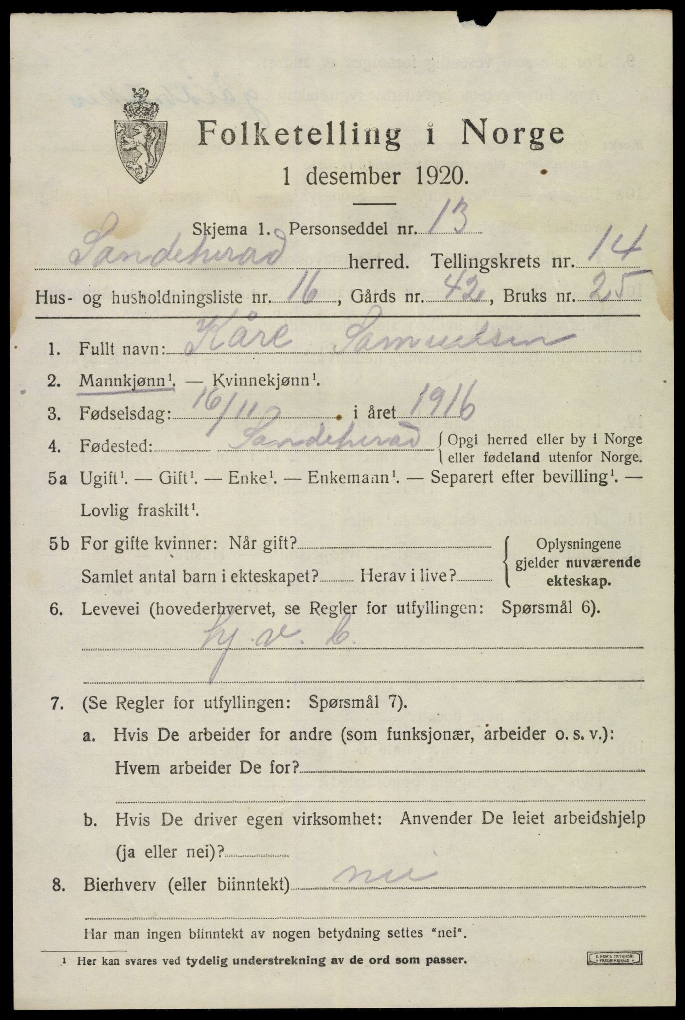 SAKO, 1920 census for Sandeherred, 1920, p. 20434