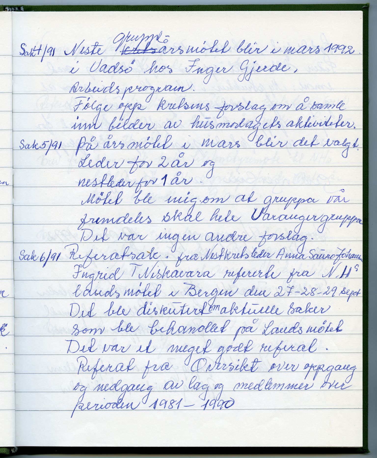 Finnmark krets av Norges Kvinne- og familieforbund, FMFB/A-1233/A/Ac/L0014: Protokoll for gruppemøte Ishavsgruppen 1990-1994, 1990-1994