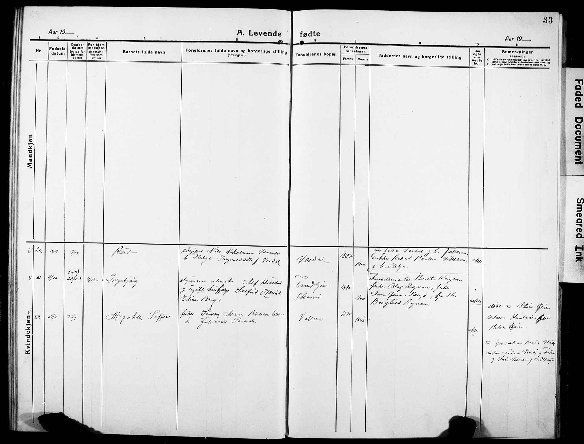 Ministerialprotokoller, klokkerbøker og fødselsregistre - Sør-Trøndelag, SAT/A-1456/634/L0543: Parish register (copy) no. 634C05, 1917-1928, p. 33