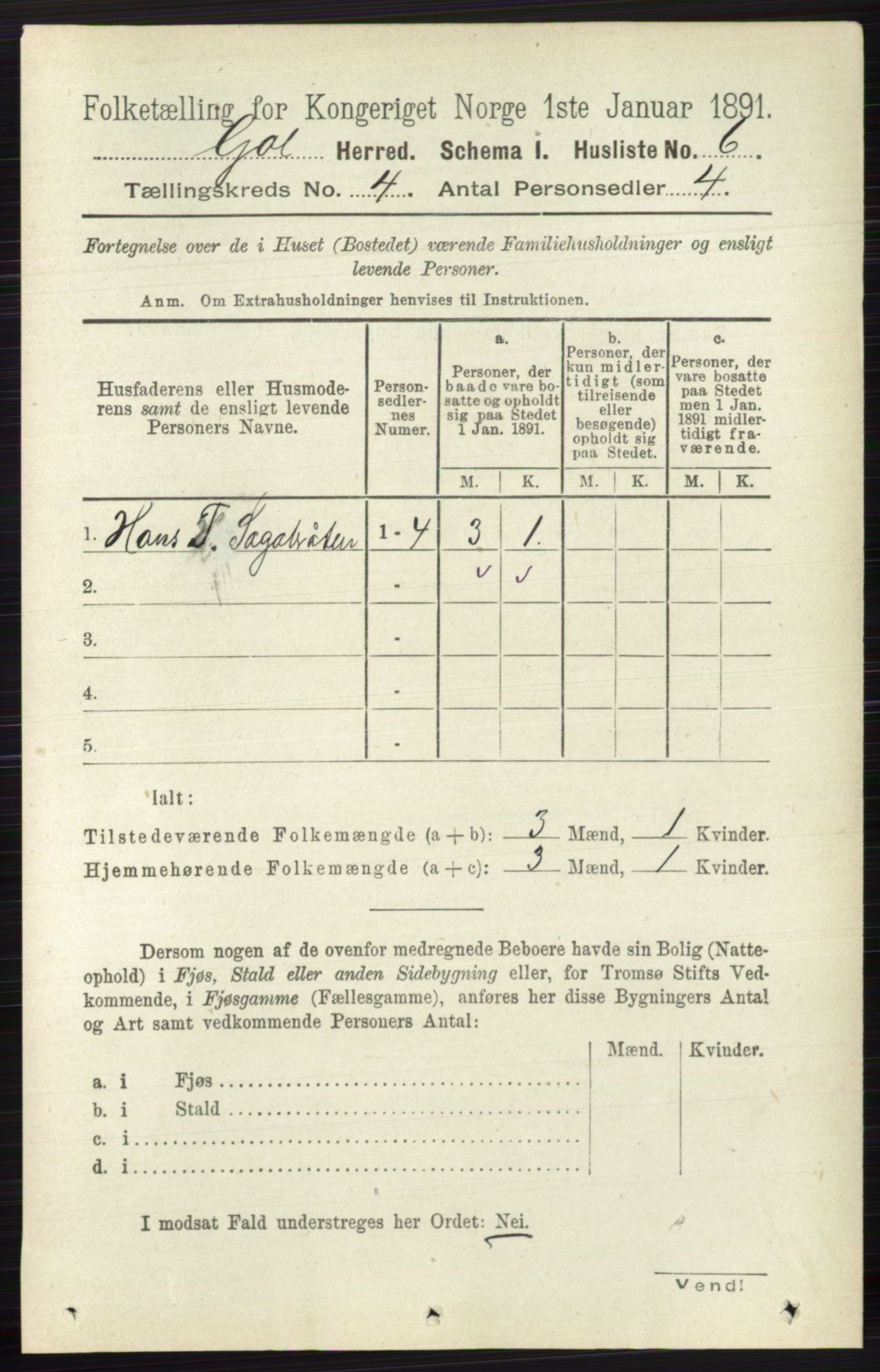 RA, 1891 census for 0617 Gol og Hemsedal, 1891, p. 1717