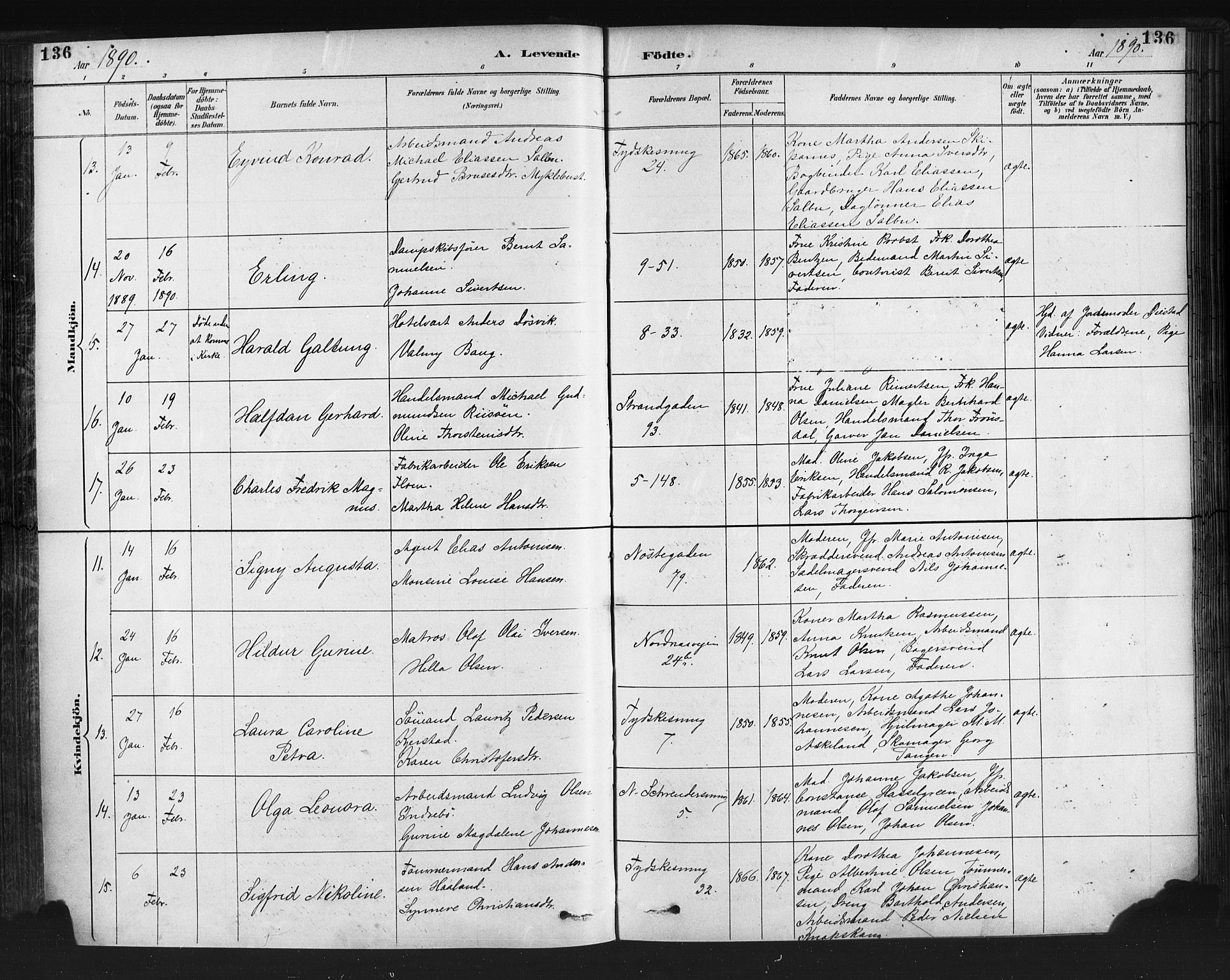 Nykirken Sokneprestembete, AV/SAB-A-77101/H/Haa: Parish register (official) no. B 5, 1885-1894, p. 136