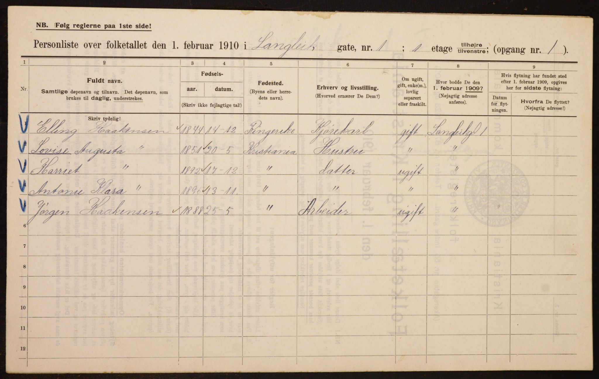 OBA, Municipal Census 1910 for Kristiania, 1910, p. 54896