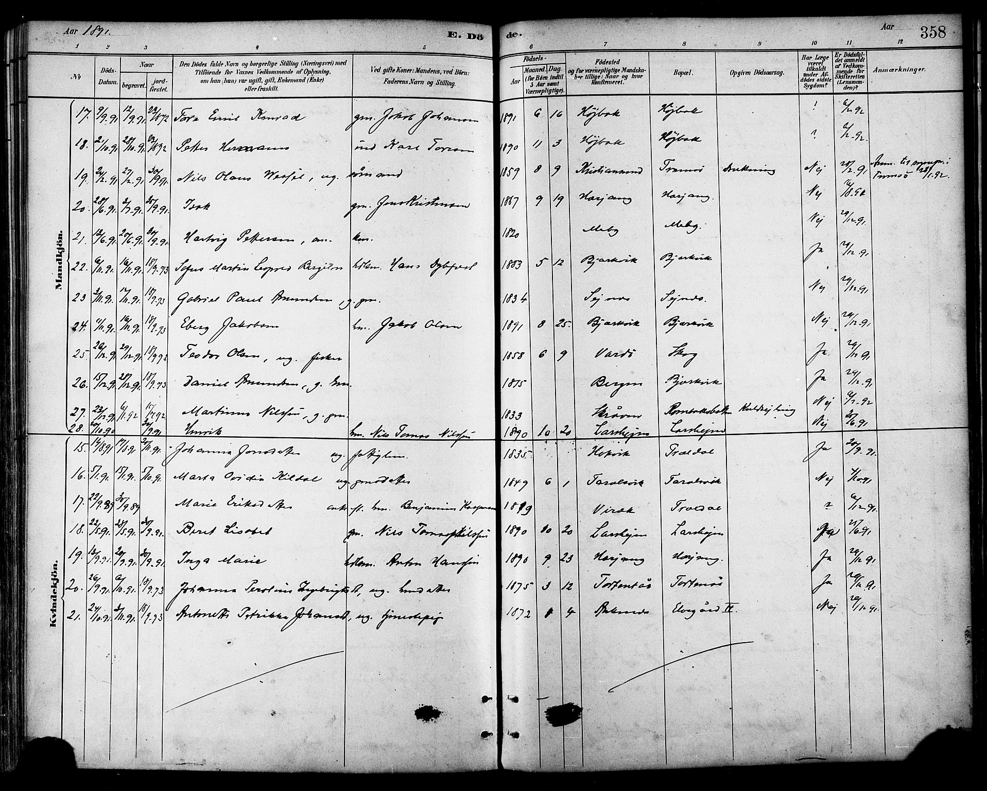 Ministerialprotokoller, klokkerbøker og fødselsregistre - Nordland, SAT/A-1459/866/L0938: Parish register (official) no. 866A01, 1879-1893, p. 358