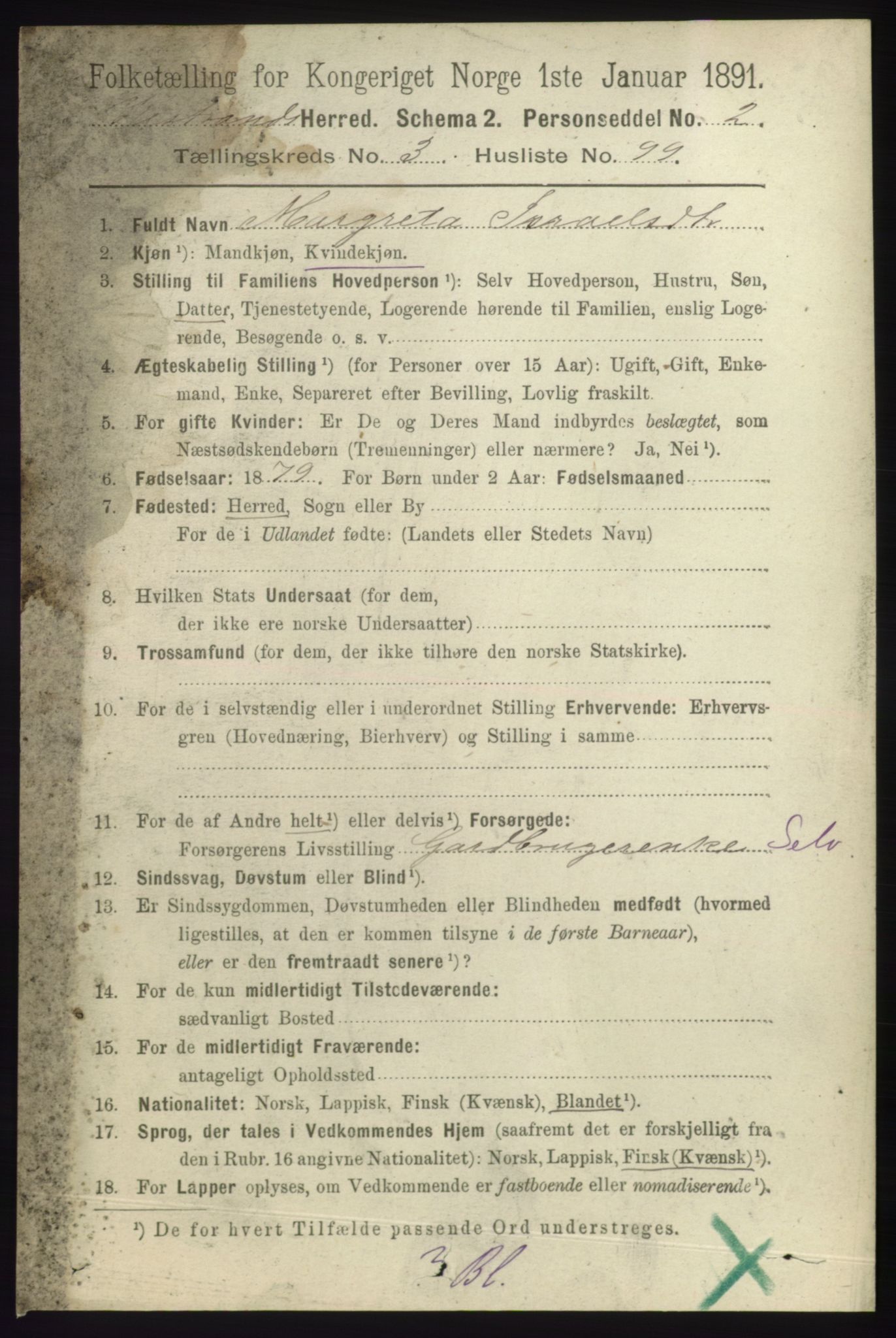 RA, 1891 census for 2020 Kistrand, 1891, p. 1882