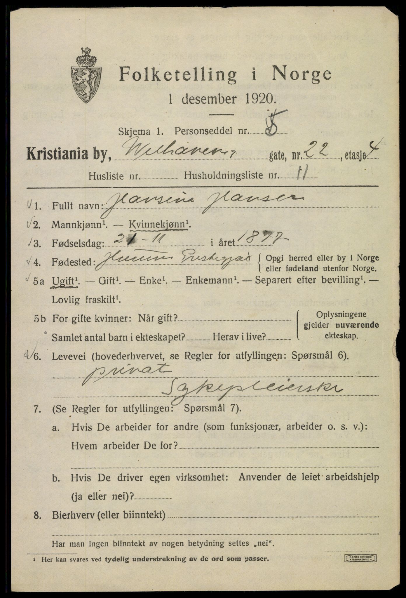 SAO, 1920 census for Kristiania, 1920, p. 650813