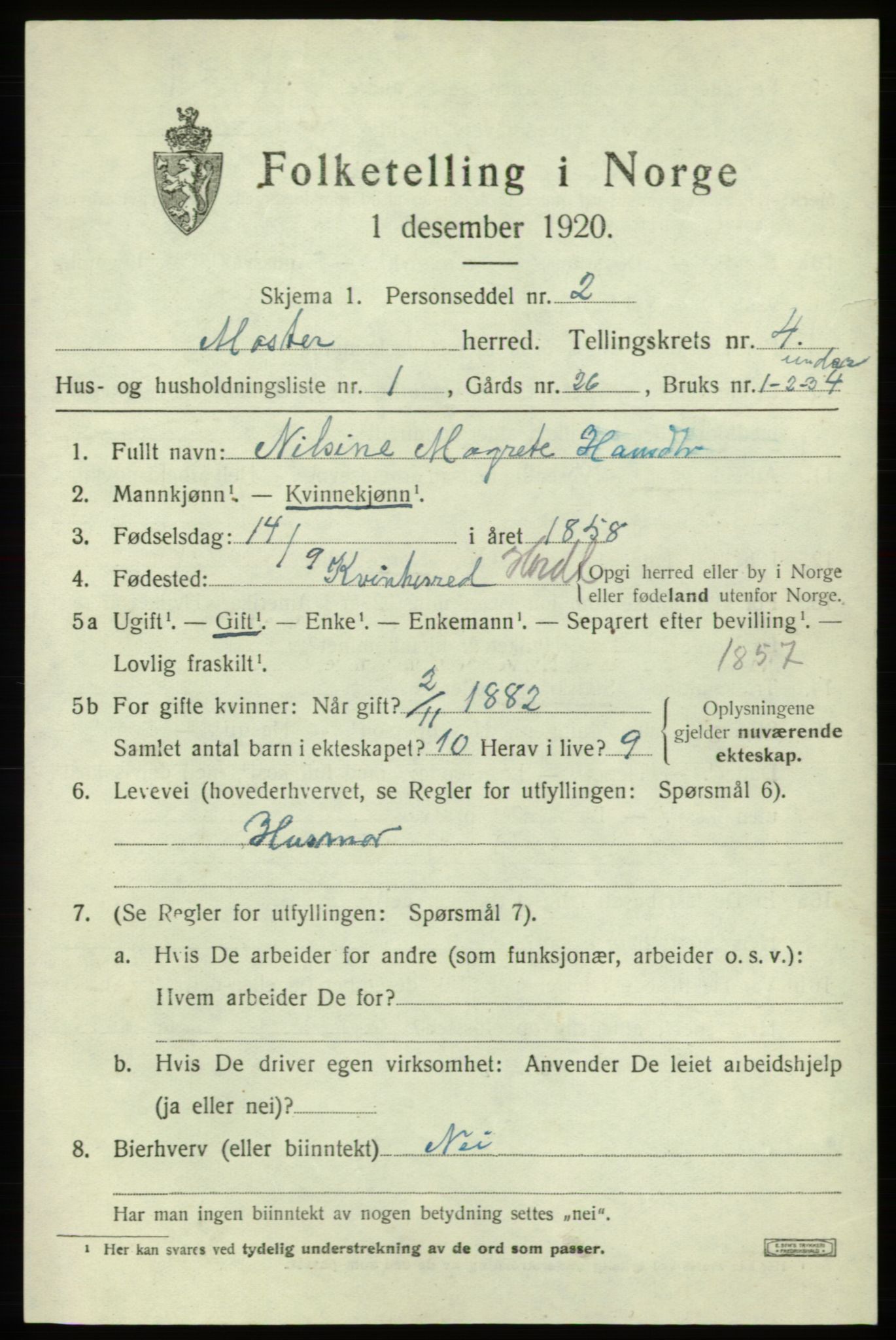 SAB, 1920 census for Moster, 1920, p. 1323