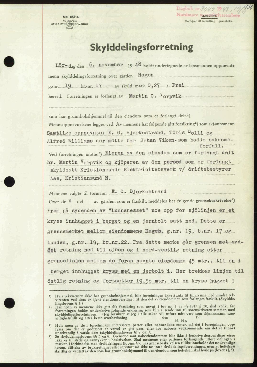 Nordmøre sorenskriveri, AV/SAT-A-4132/1/2/2Ca: Mortgage book no. A109, 1948-1948, Diary no: : 3242/1948