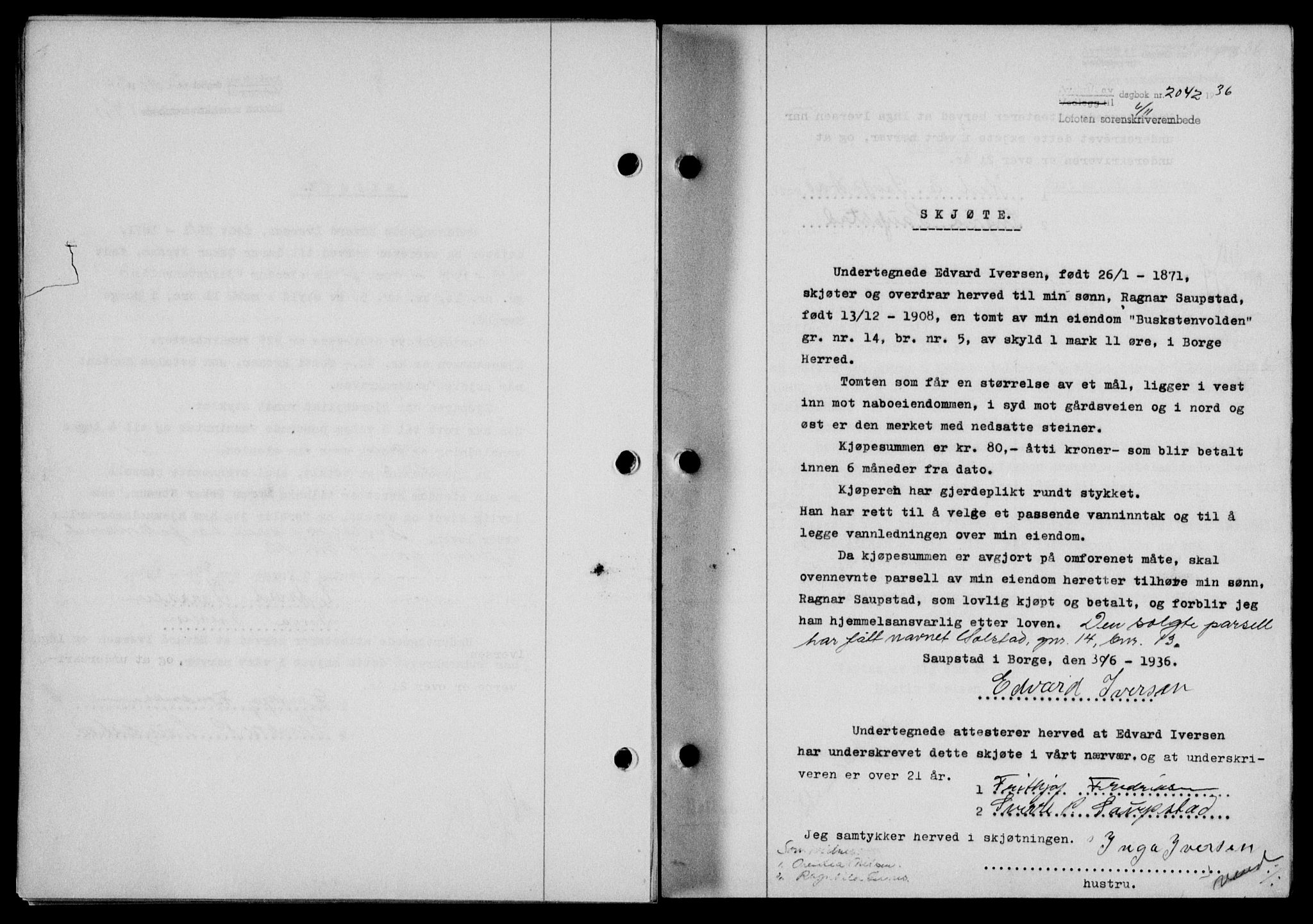 Lofoten sorenskriveri, SAT/A-0017/1/2/2C/L0001a: Mortgage book no. 1a, 1936-1937, Diary no: : 2042/1936