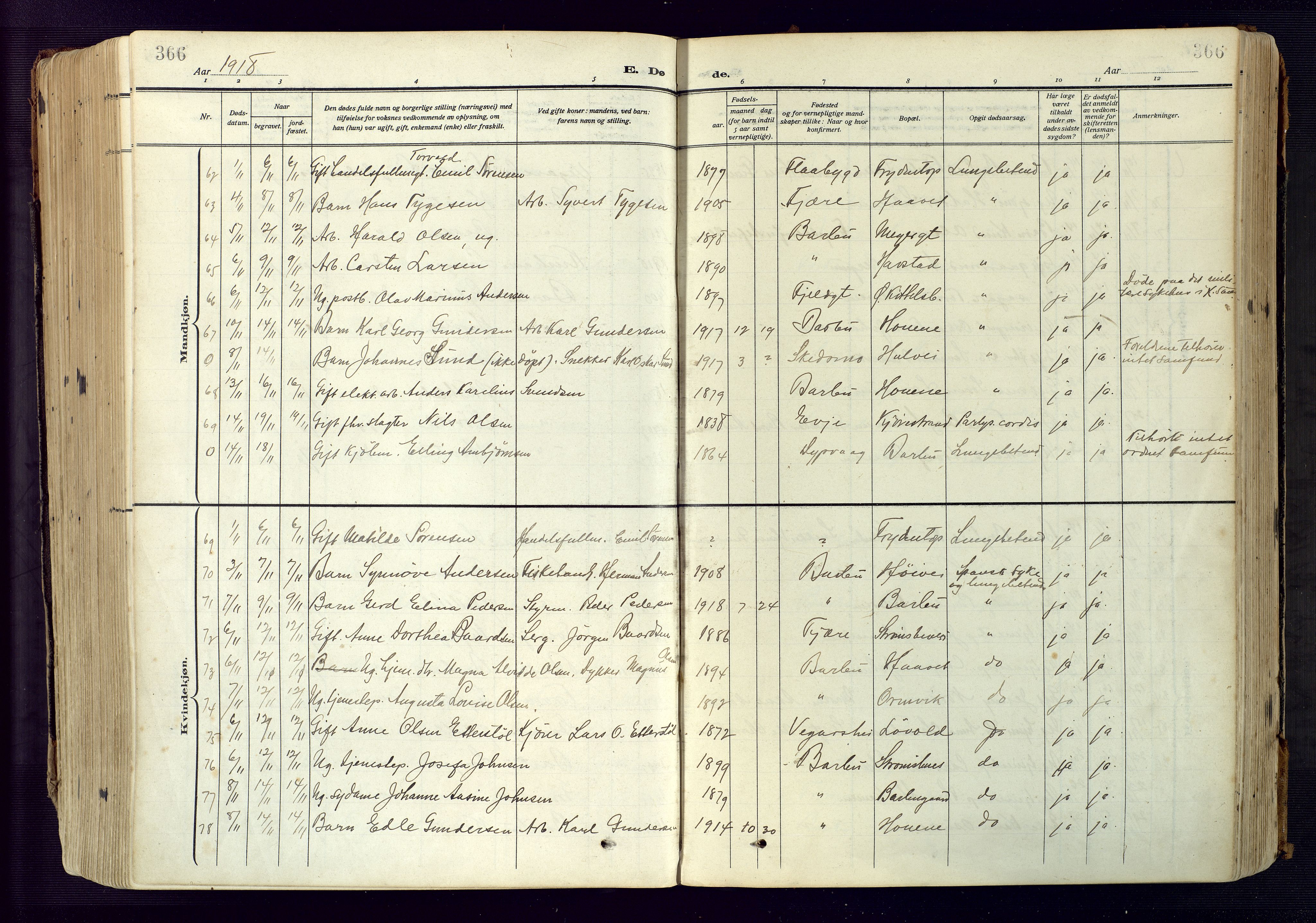 Barbu sokneprestkontor, AV/SAK-1111-0003/F/Fa/L0006: Parish register (official) no. A 6, 1910-1929, p. 366