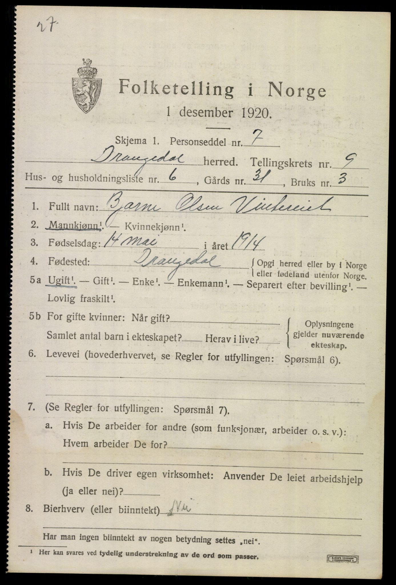 SAKO, 1920 census for Drangedal, 1920, p. 6131