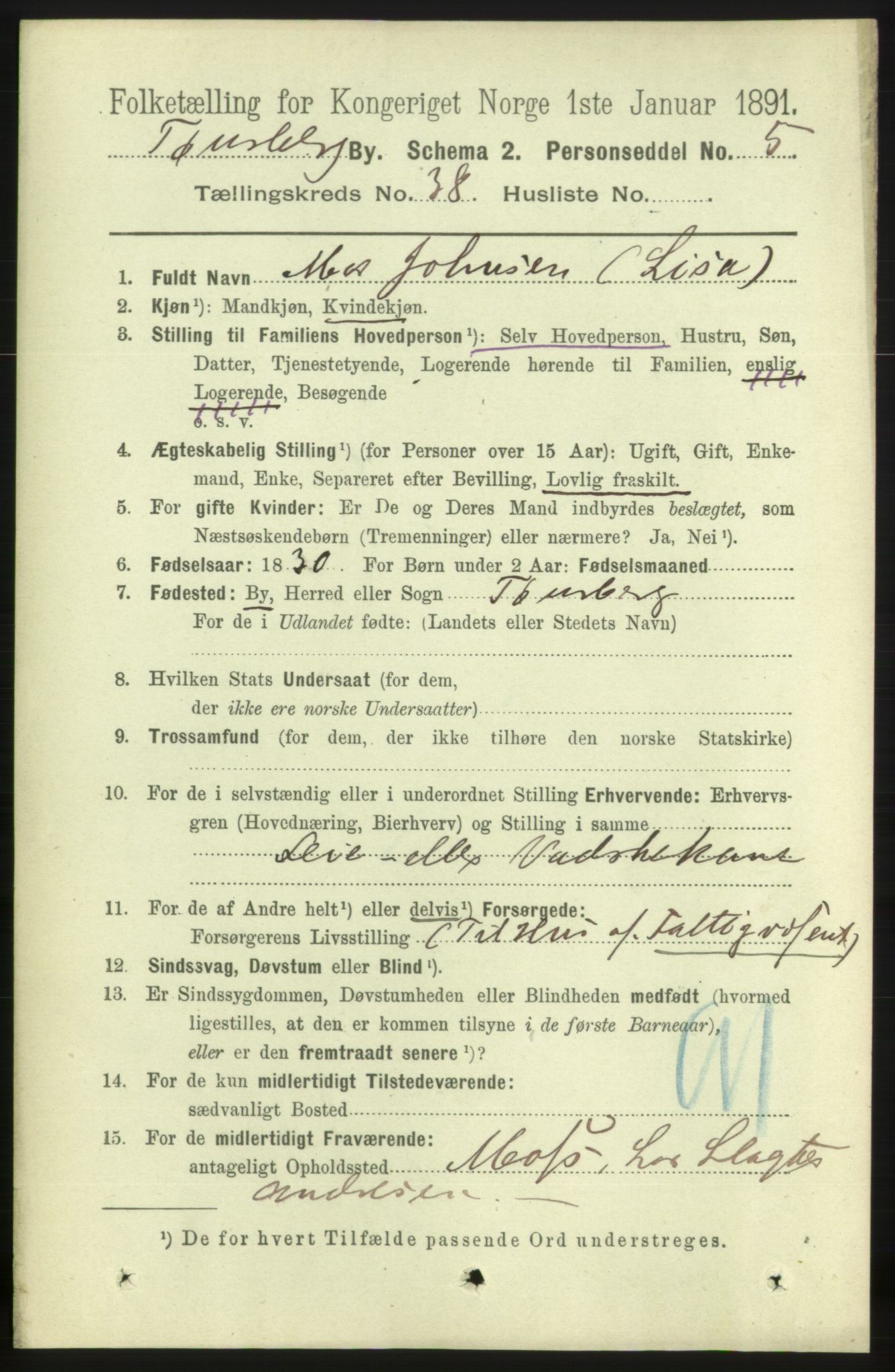 RA, 1891 census for 0705 Tønsberg, 1891, p. 8085