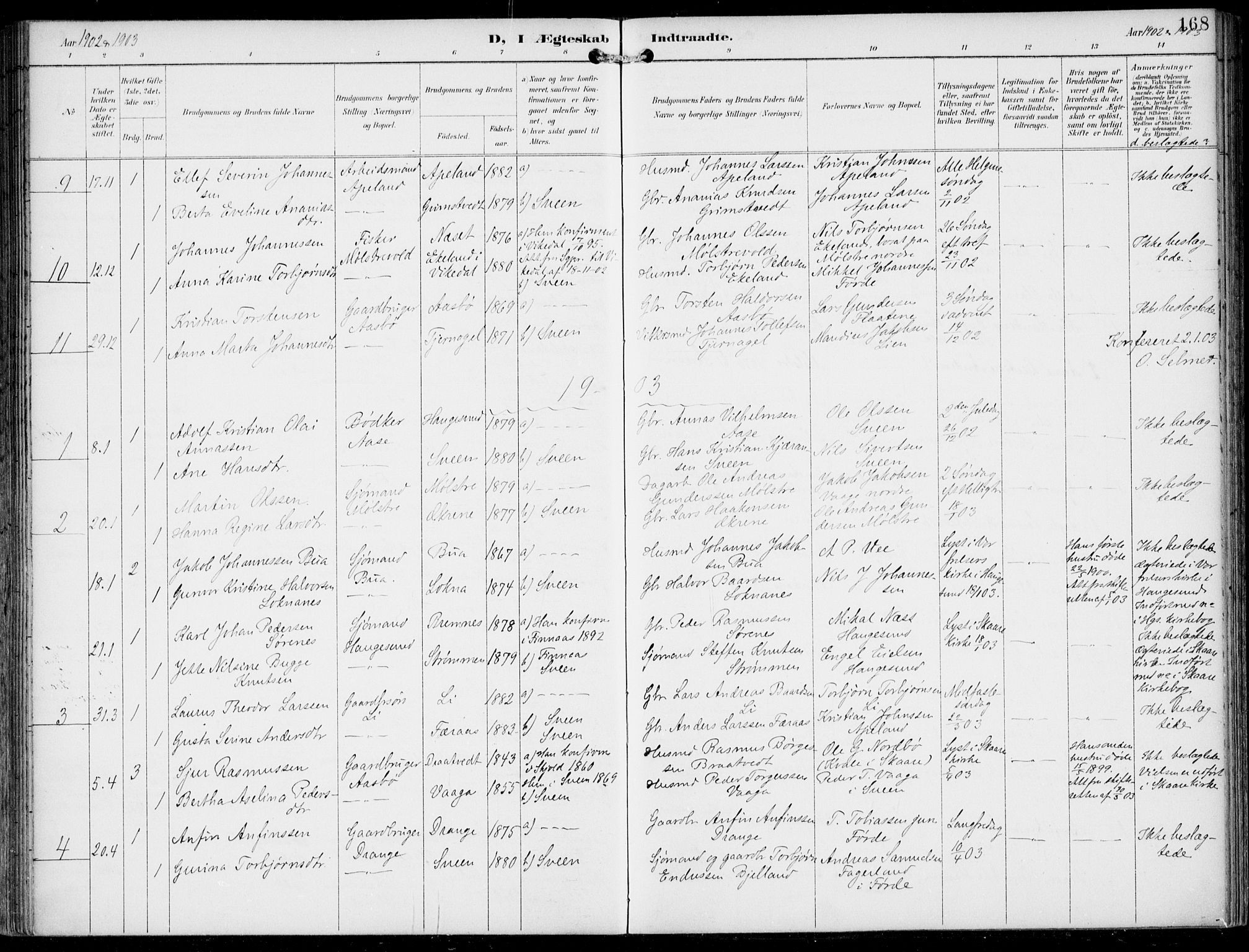 Sveio Sokneprestembete, AV/SAB-A-78501/H/Haa: Parish register (official) no. B  3, 1894-1906, p. 168