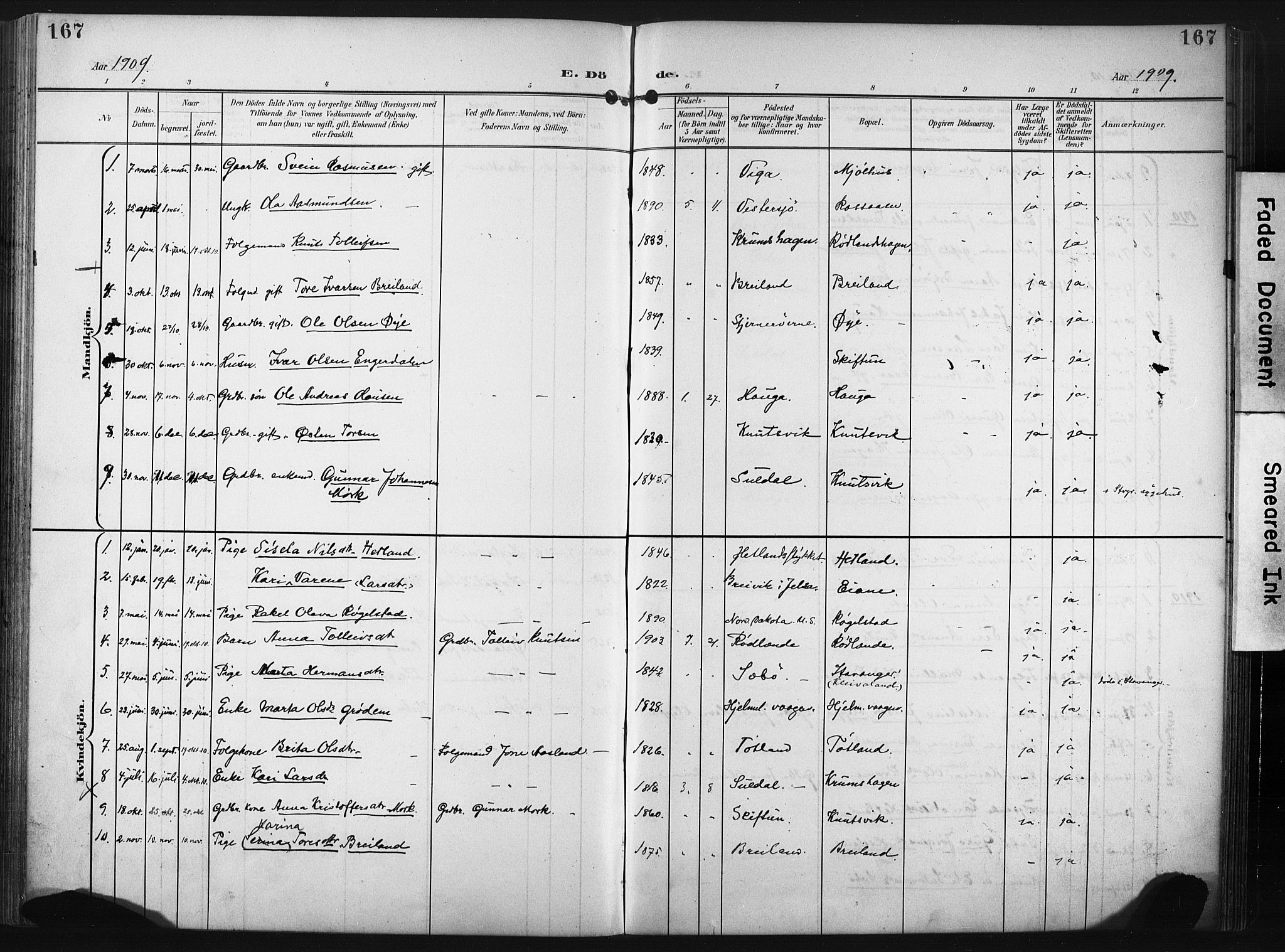 Hjelmeland sokneprestkontor, SAST/A-101843/02/A/L0002: Parish register (official) no. A 17, 1901-1916, p. 167