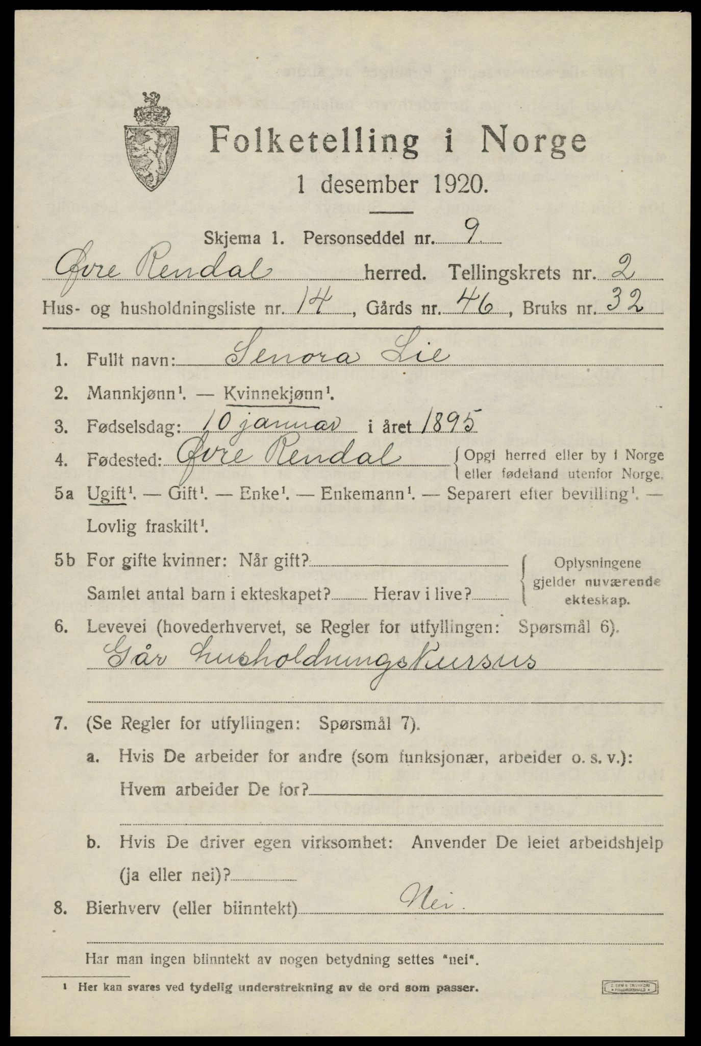 SAH, 1920 census for Øvre Rendal, 1920, p. 1073