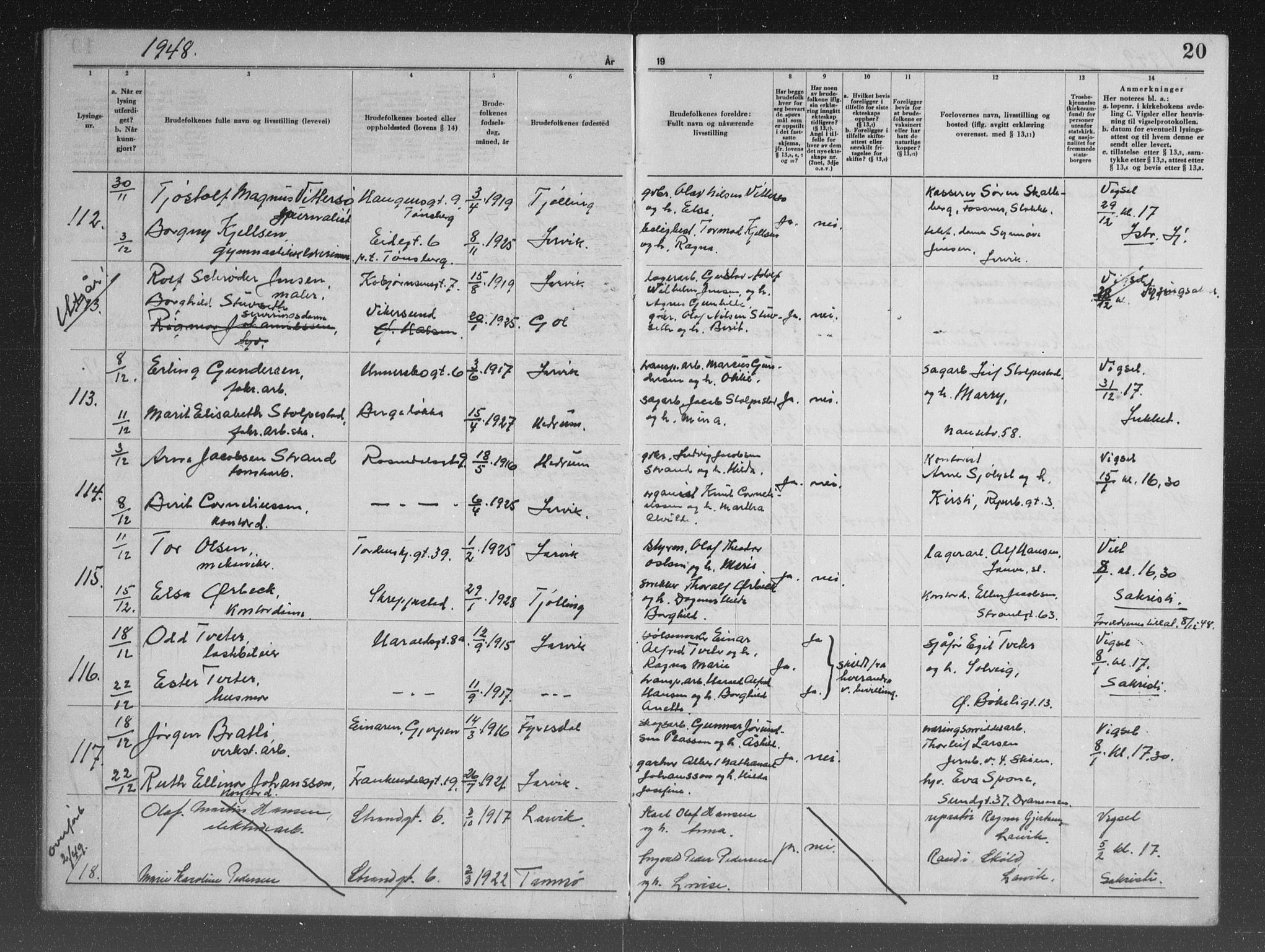 Larvik kirkebøker, AV/SAKO-A-352/H/Ha/L0007: Banns register no. 7, 1947-1954, p. 20