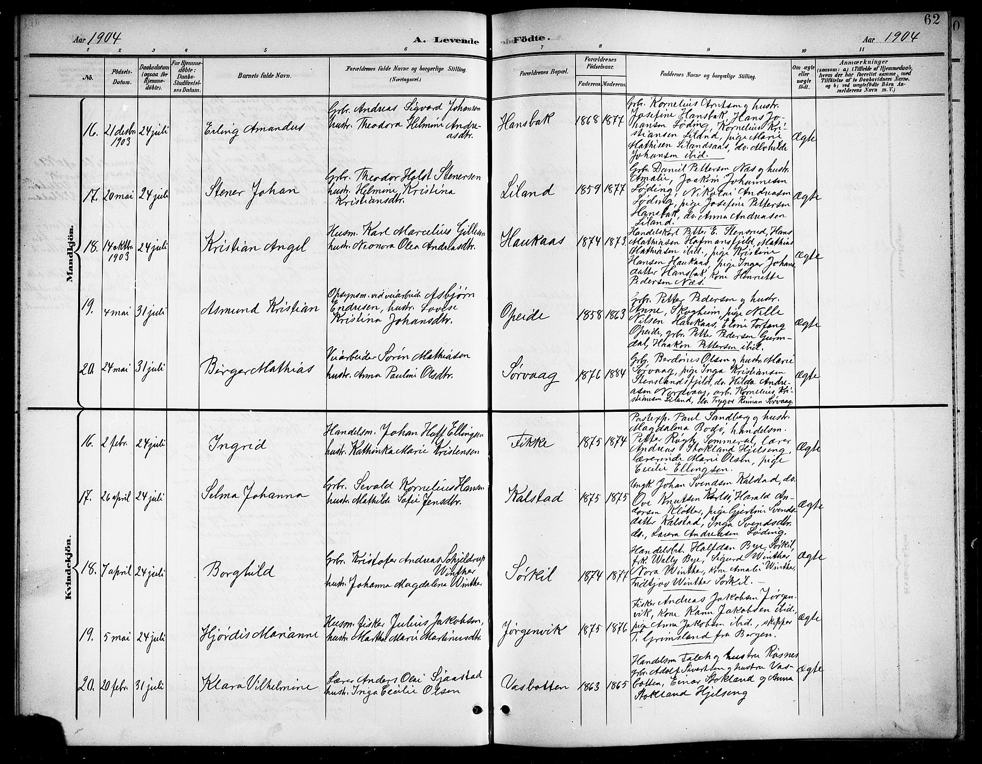 Ministerialprotokoller, klokkerbøker og fødselsregistre - Nordland, AV/SAT-A-1459/859/L0860: Parish register (copy) no. 859C06, 1899-1909, p. 62