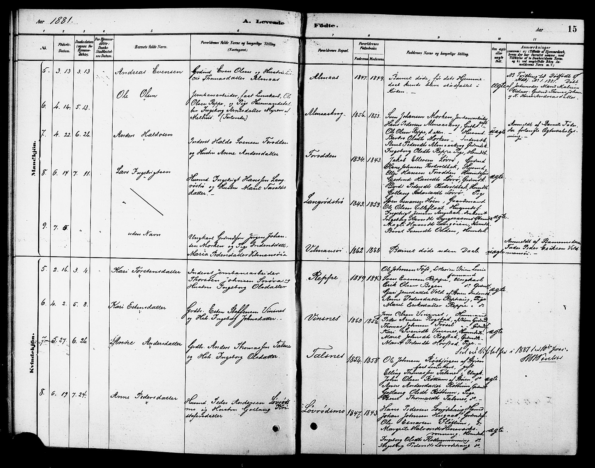 Ministerialprotokoller, klokkerbøker og fødselsregistre - Sør-Trøndelag, SAT/A-1456/688/L1024: Parish register (official) no. 688A01, 1879-1890, p. 15
