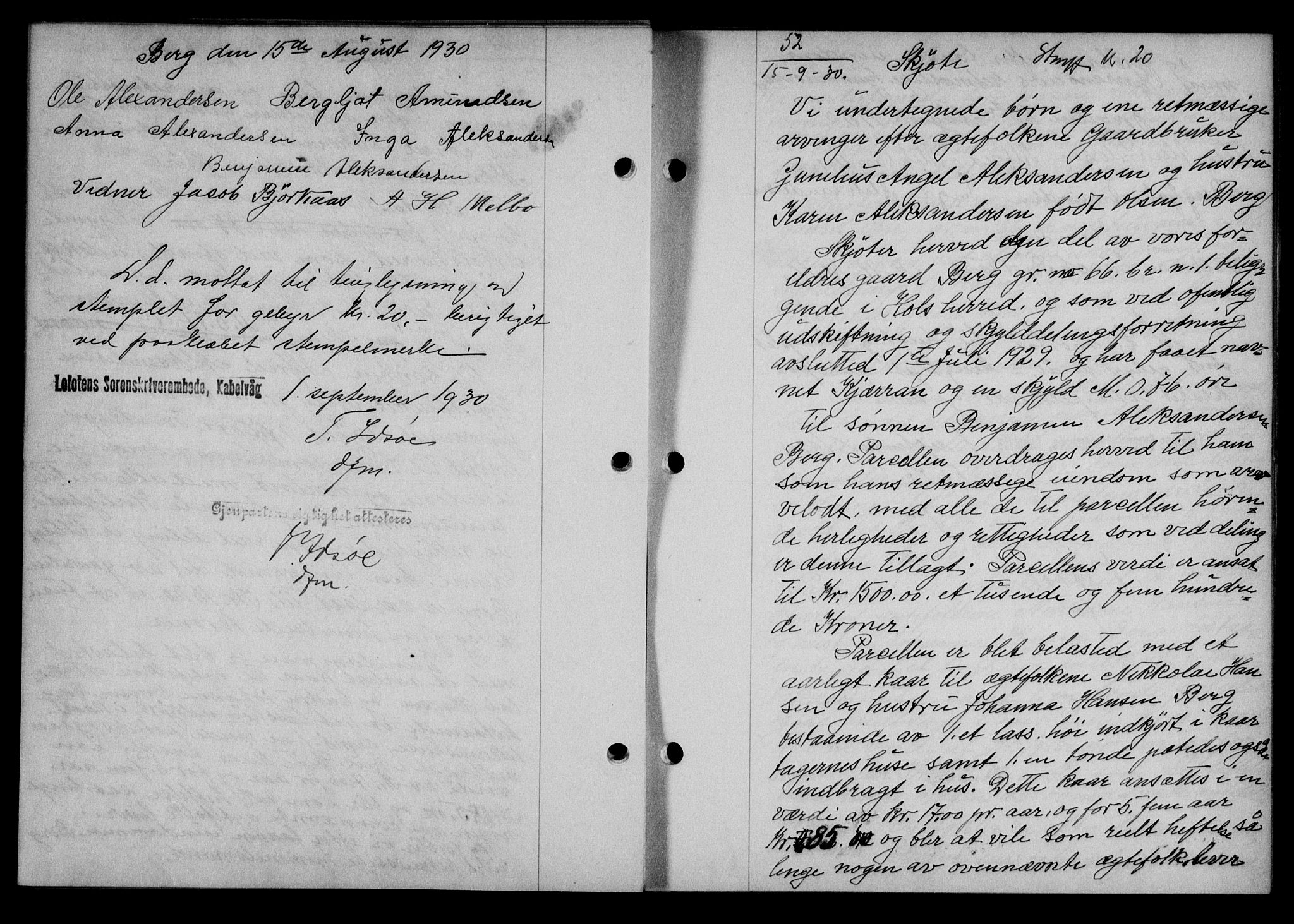 Lofoten sorenskriveri, AV/SAT-A-0017/1/2/2C/L0022b: Mortgage book no. 22b, 1930-1930, Deed date: 15.09.1930