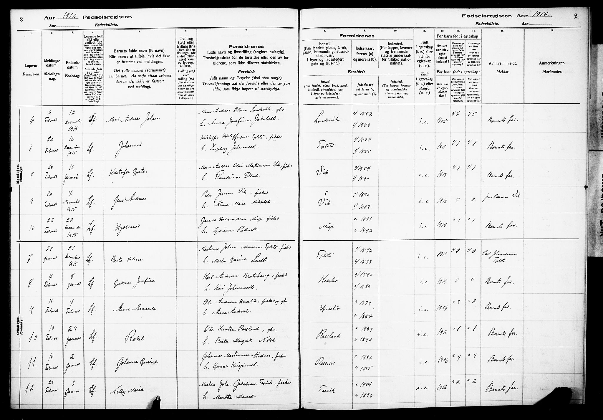 Herdla Sokneprestembete, SAB/A-75701/I/Id/L00A1: Birth register no. A 1, 1916-1929, p. 2