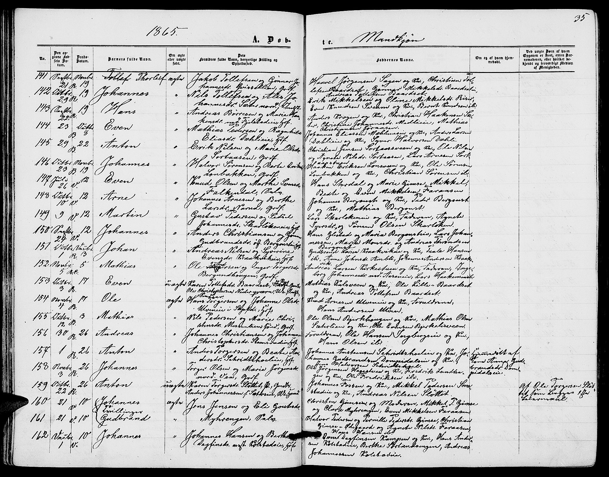 Ringsaker prestekontor, AV/SAH-PREST-014/L/La/L0007: Parish register (copy) no. 7, 1861-1869, p. 35