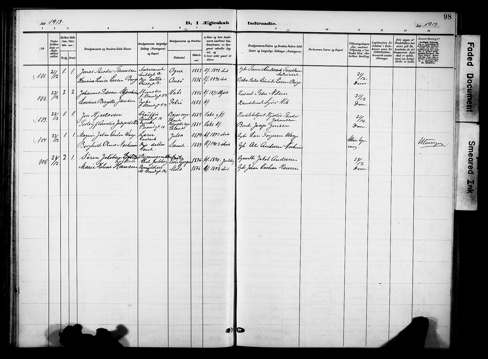 Domkirken sokneprestkontor, SAST/A-101812/001/30/30BB/L0017: Parish register (copy) no. B 17, 1902-1921, p. 98