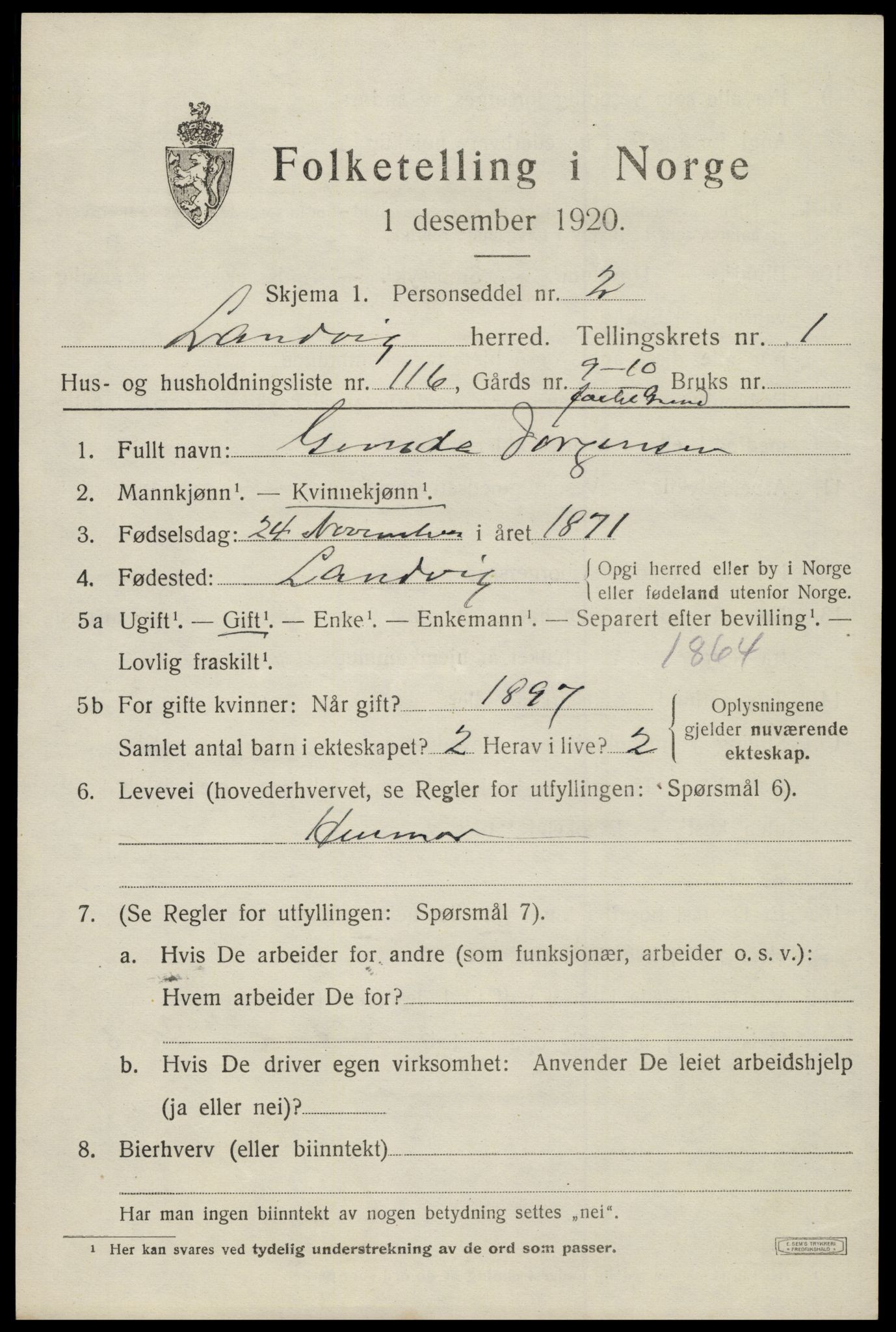 SAK, 1920 census for Landvik, 1920, p. 1770