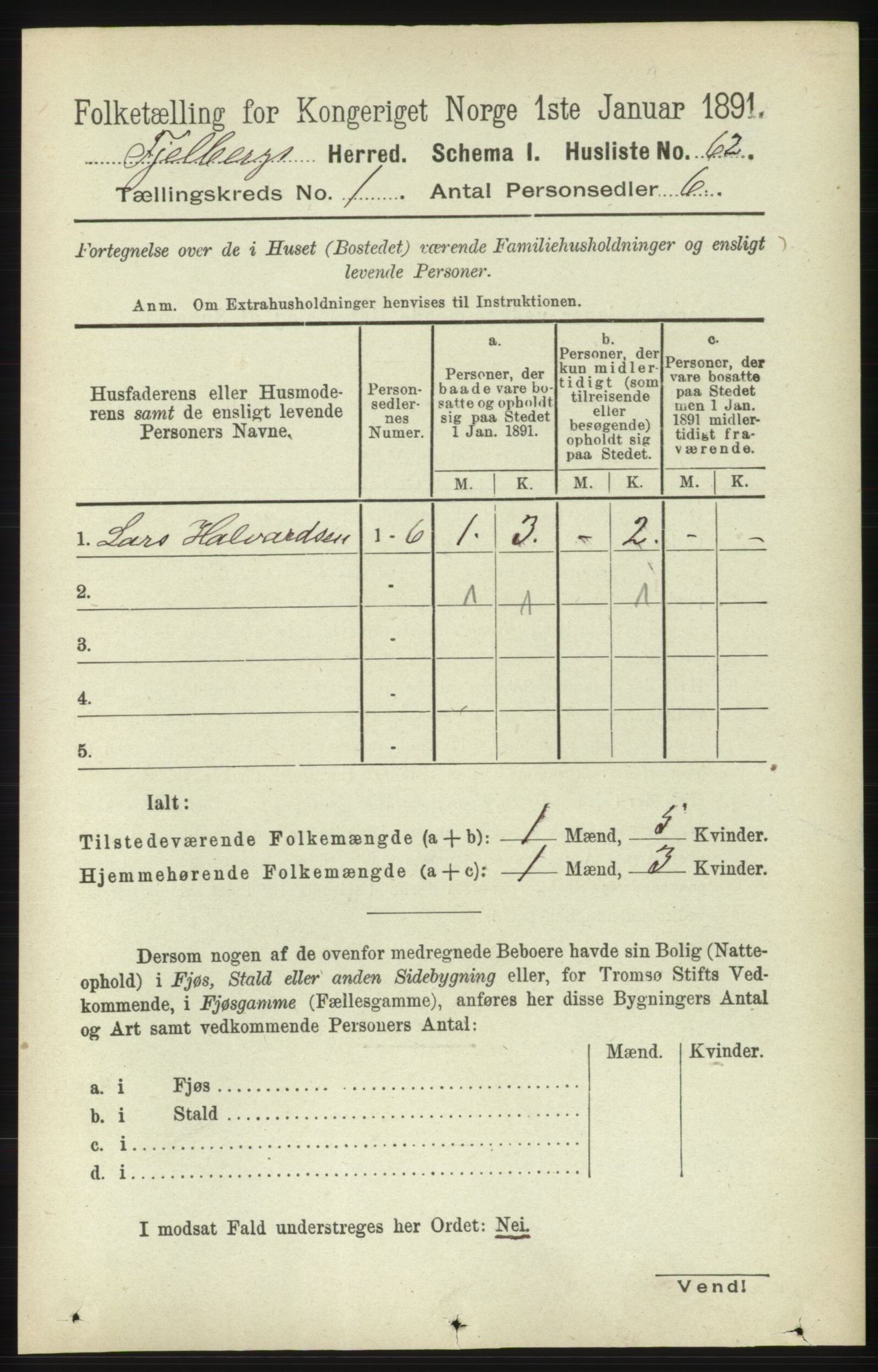 RA, 1891 census for 1213 Fjelberg, 1891, p. 91