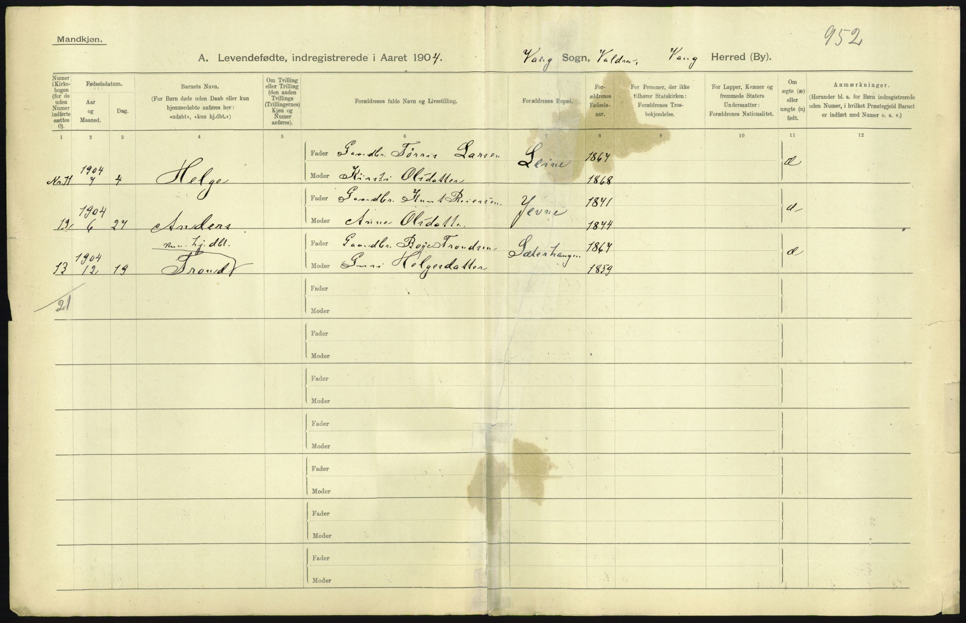 Statistisk sentralbyrå, Sosiodemografiske emner, Befolkning, AV/RA-S-2228/D/Df/Dfa/Dfab/L0006: Kristians amt: Fødte, gifte, døde, 1904, p. 437