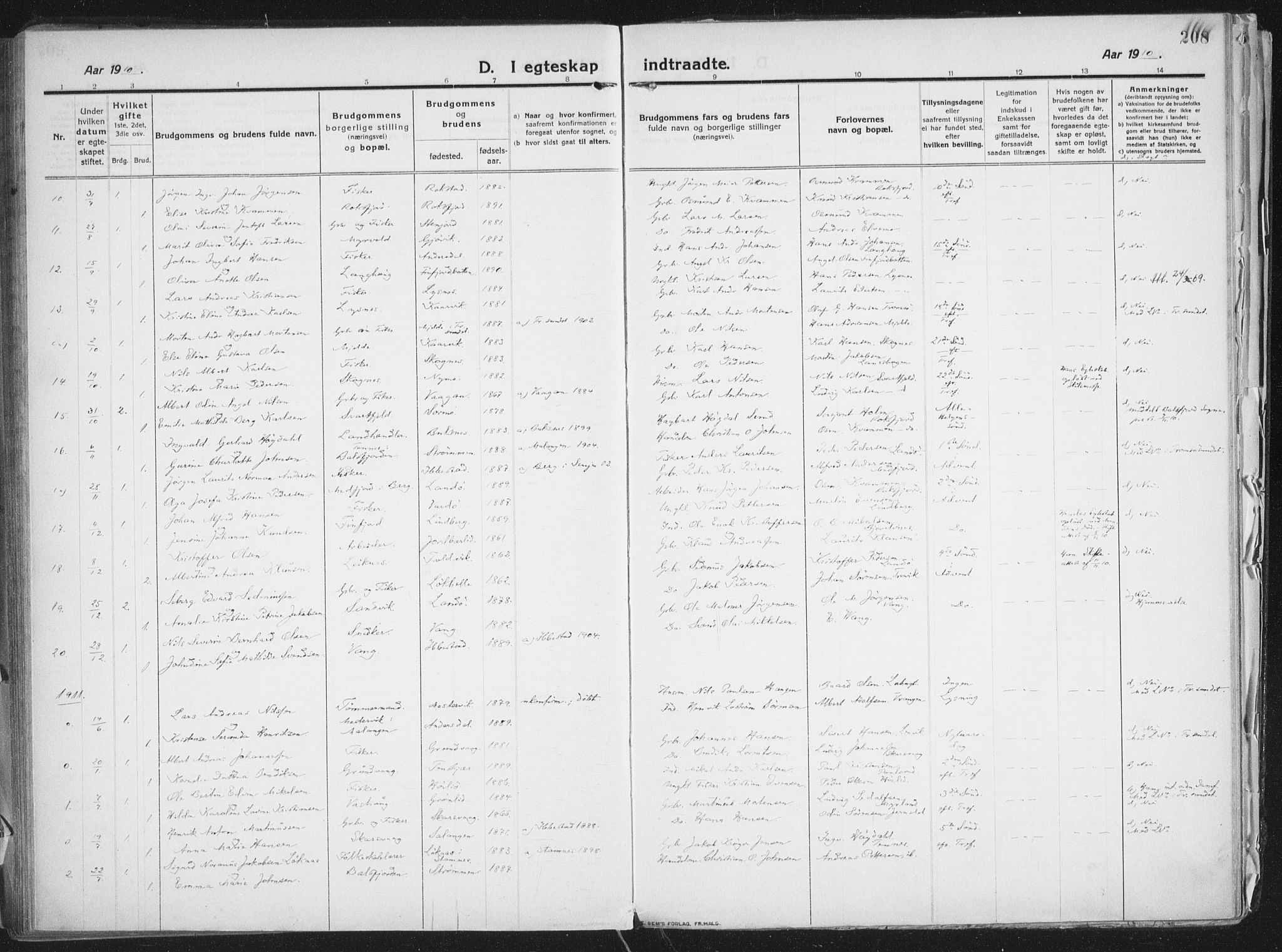 Lenvik sokneprestembete, AV/SATØ-S-1310/H/Ha/Haa/L0016kirke: Parish register (official) no. 16, 1910-1924, p. 208