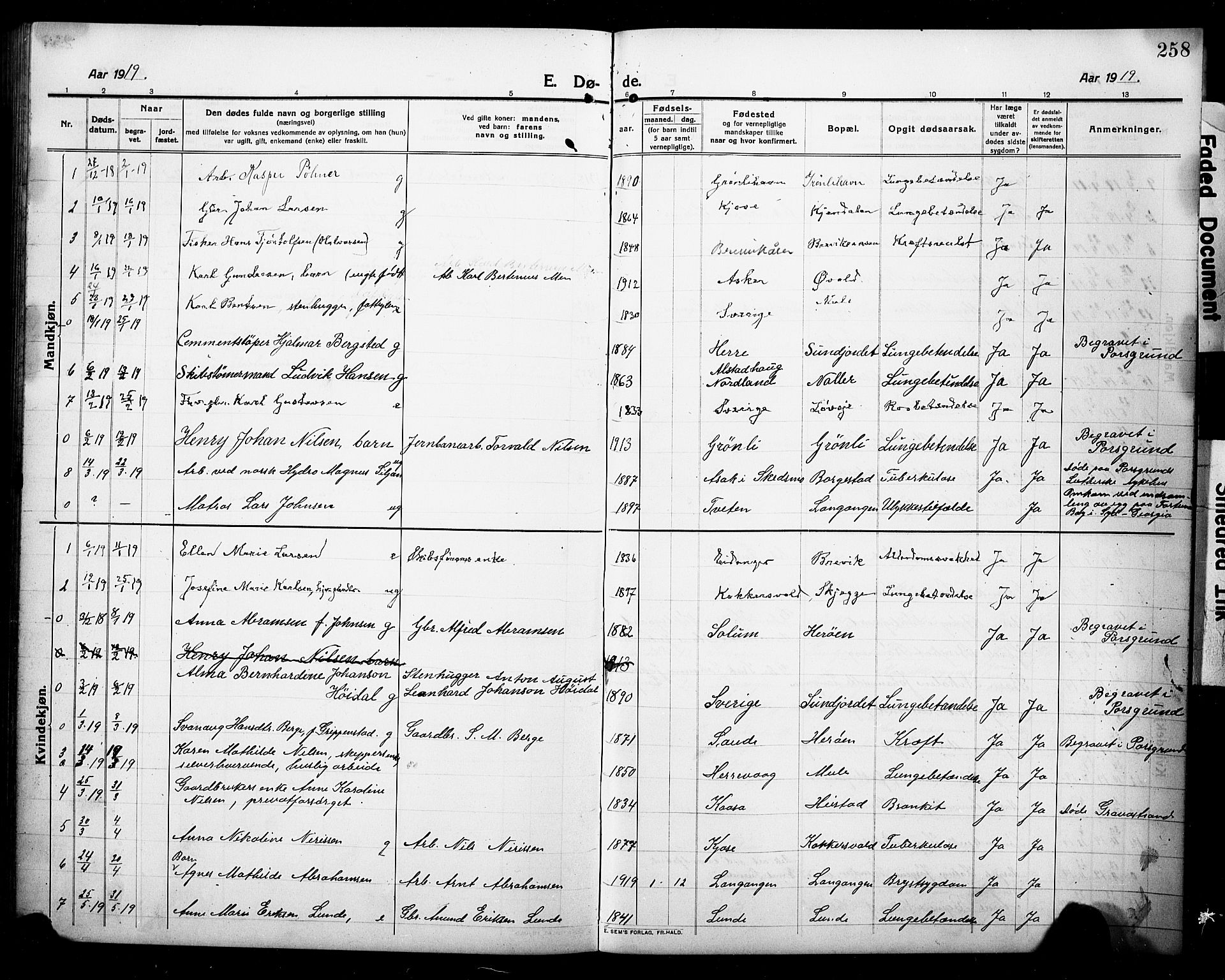 Eidanger kirkebøker, AV/SAKO-A-261/G/Ga/L0004: Parish register (copy) no. 4, 1912-1927, p. 258