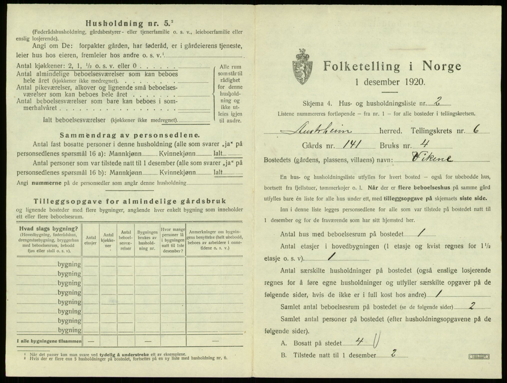SAB, 1920 census for Austrheim, 1920, p. 298