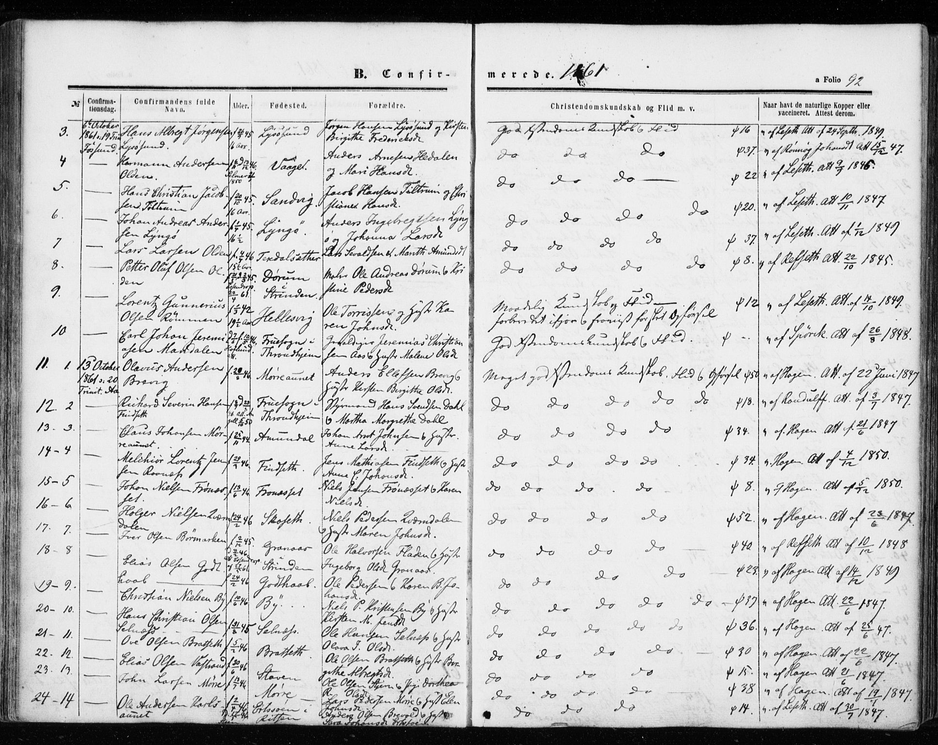 Ministerialprotokoller, klokkerbøker og fødselsregistre - Sør-Trøndelag, SAT/A-1456/655/L0678: Parish register (official) no. 655A07, 1861-1873, p. 92