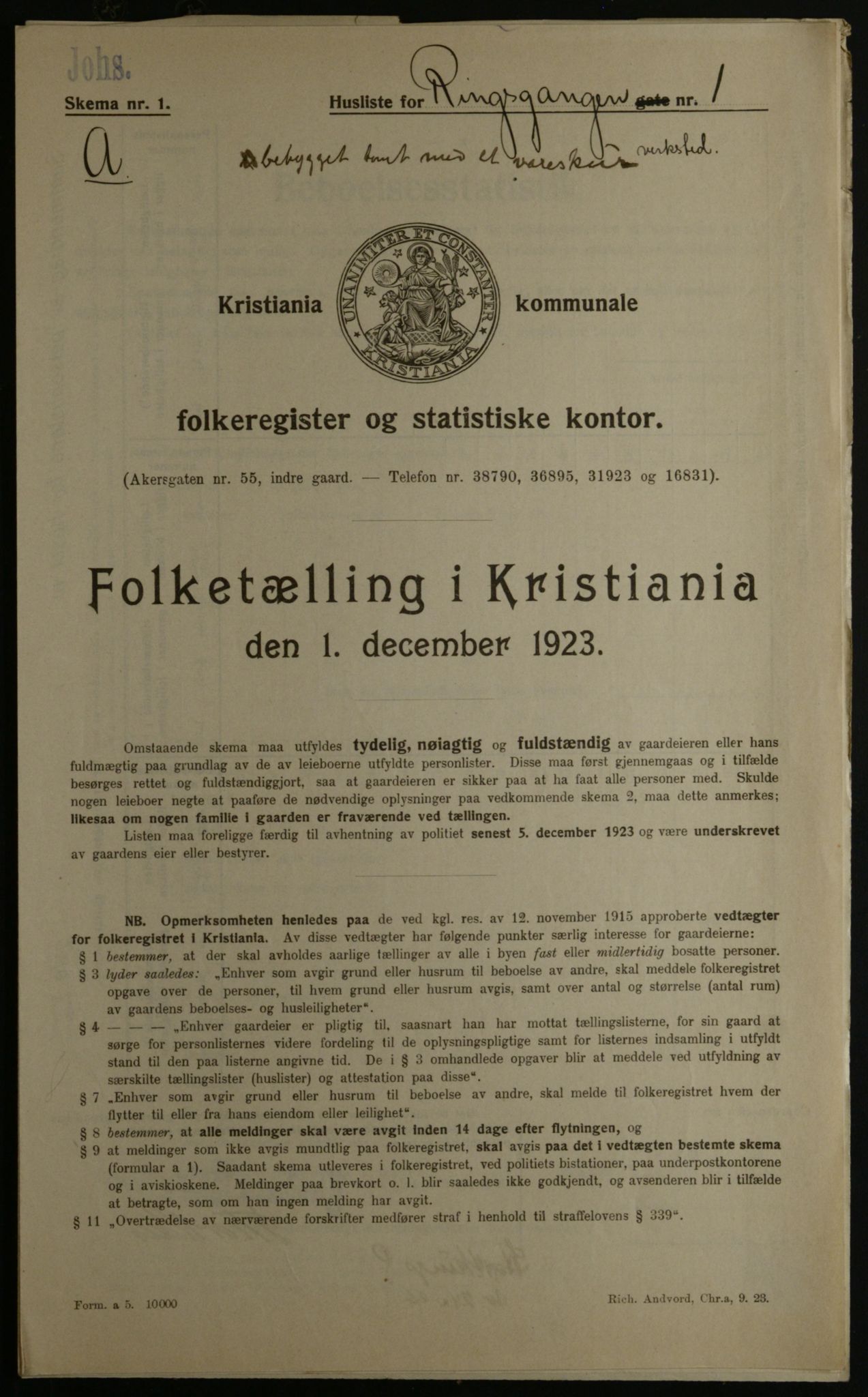 OBA, Municipal Census 1923 for Kristiania, 1923, p. 91869
