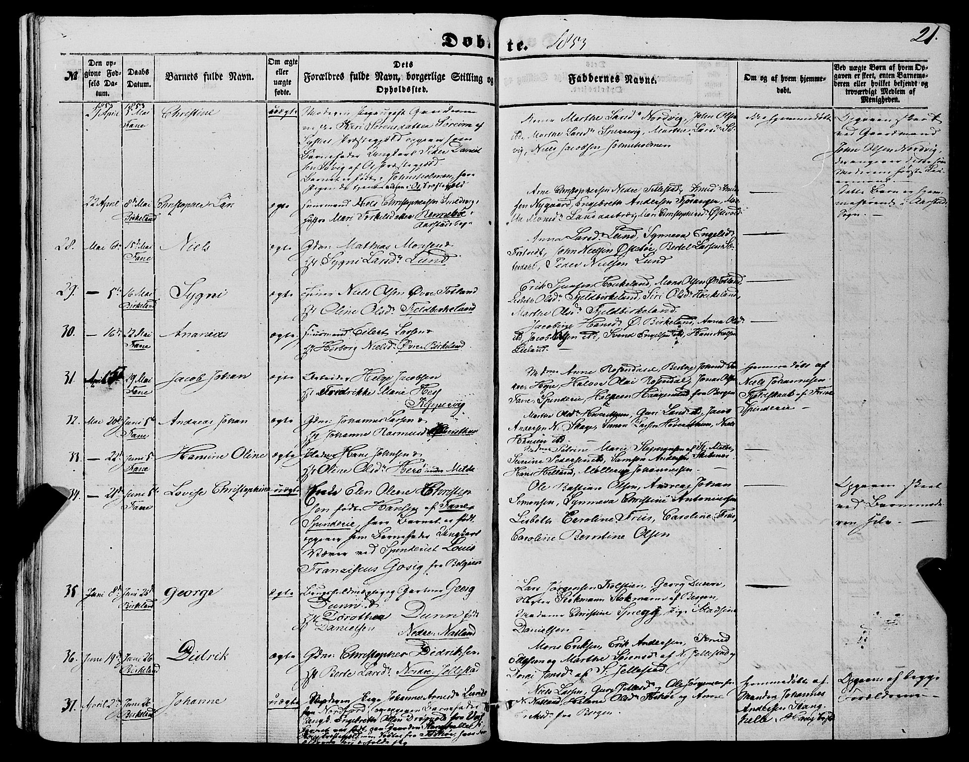 Fana Sokneprestembete, AV/SAB-A-75101/H/Haa/Haaa/L0011: Parish register (official) no. A 11, 1851-1862, p. 21