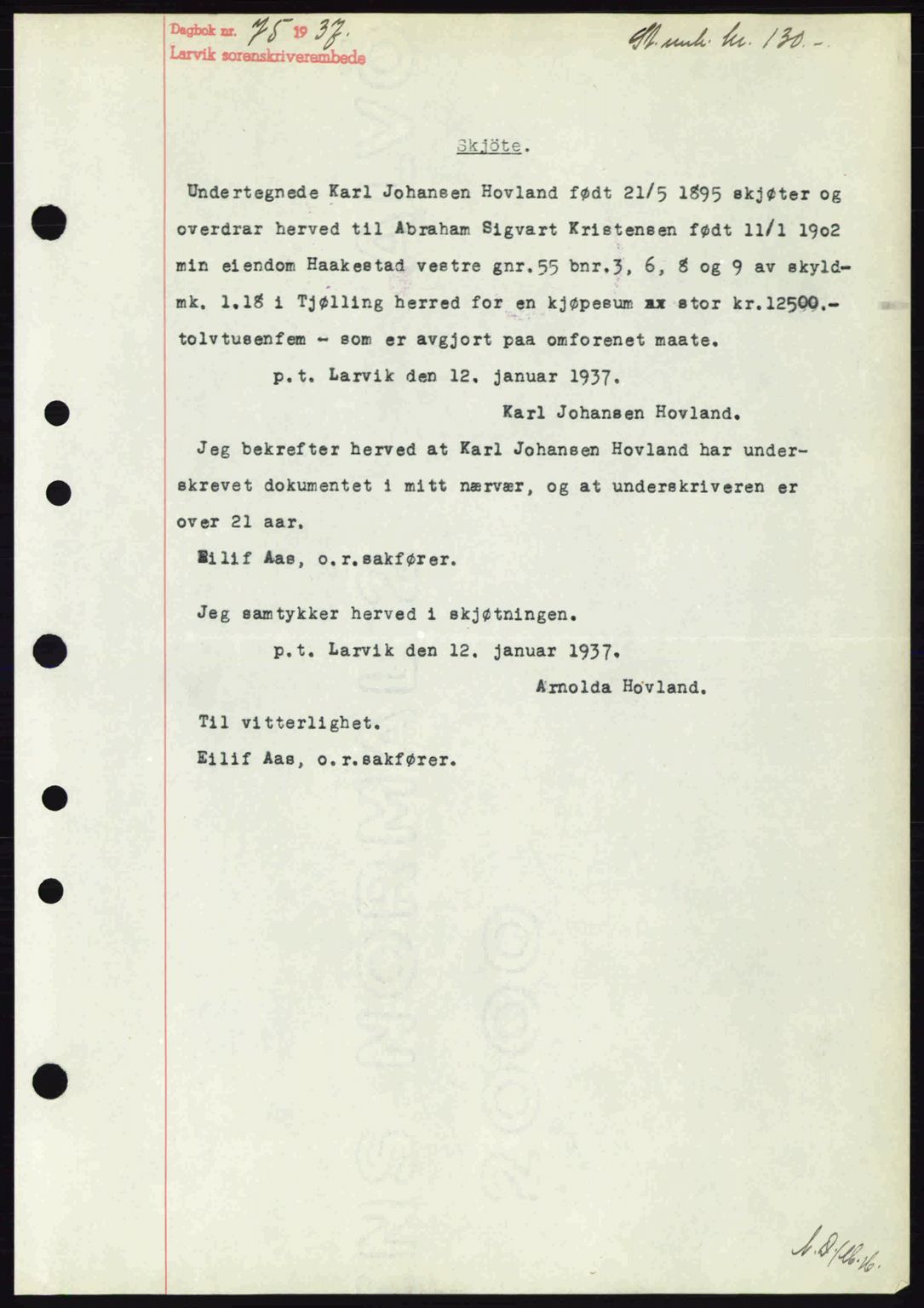 Larvik sorenskriveri, SAKO/A-83/G/Ga/Gab/L0067: Mortgage book no. A-1, 1936-1937, Diary no: : 75/1937