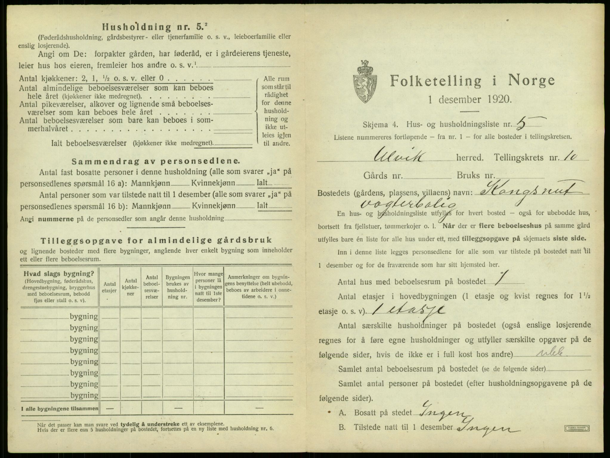 SAB, 1920 census for Ulvik, 1920, p. 69